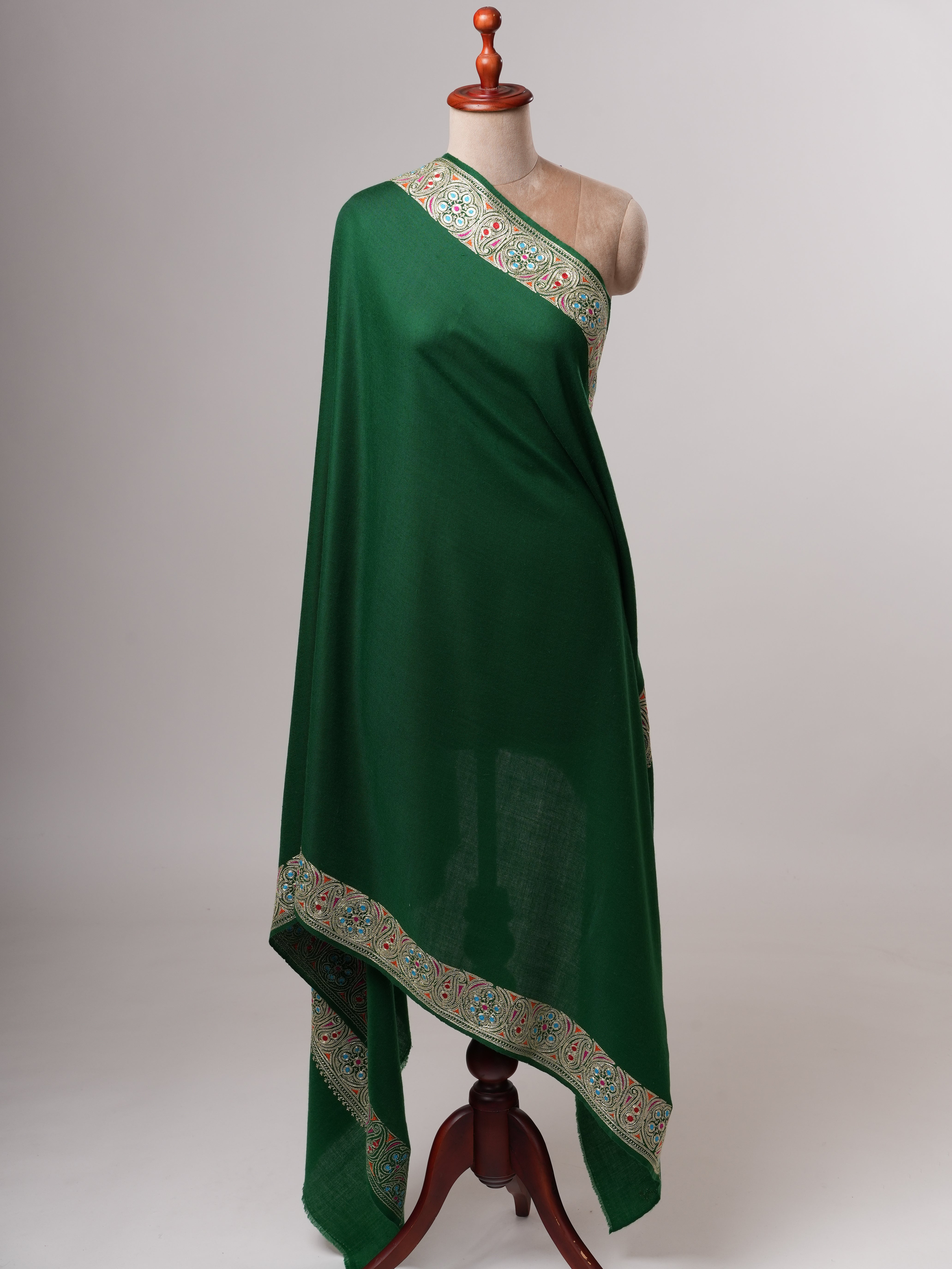 Emerald Green Pashmina Shawl with Watergold Tilla Embroidery and Sozni Shahkaar