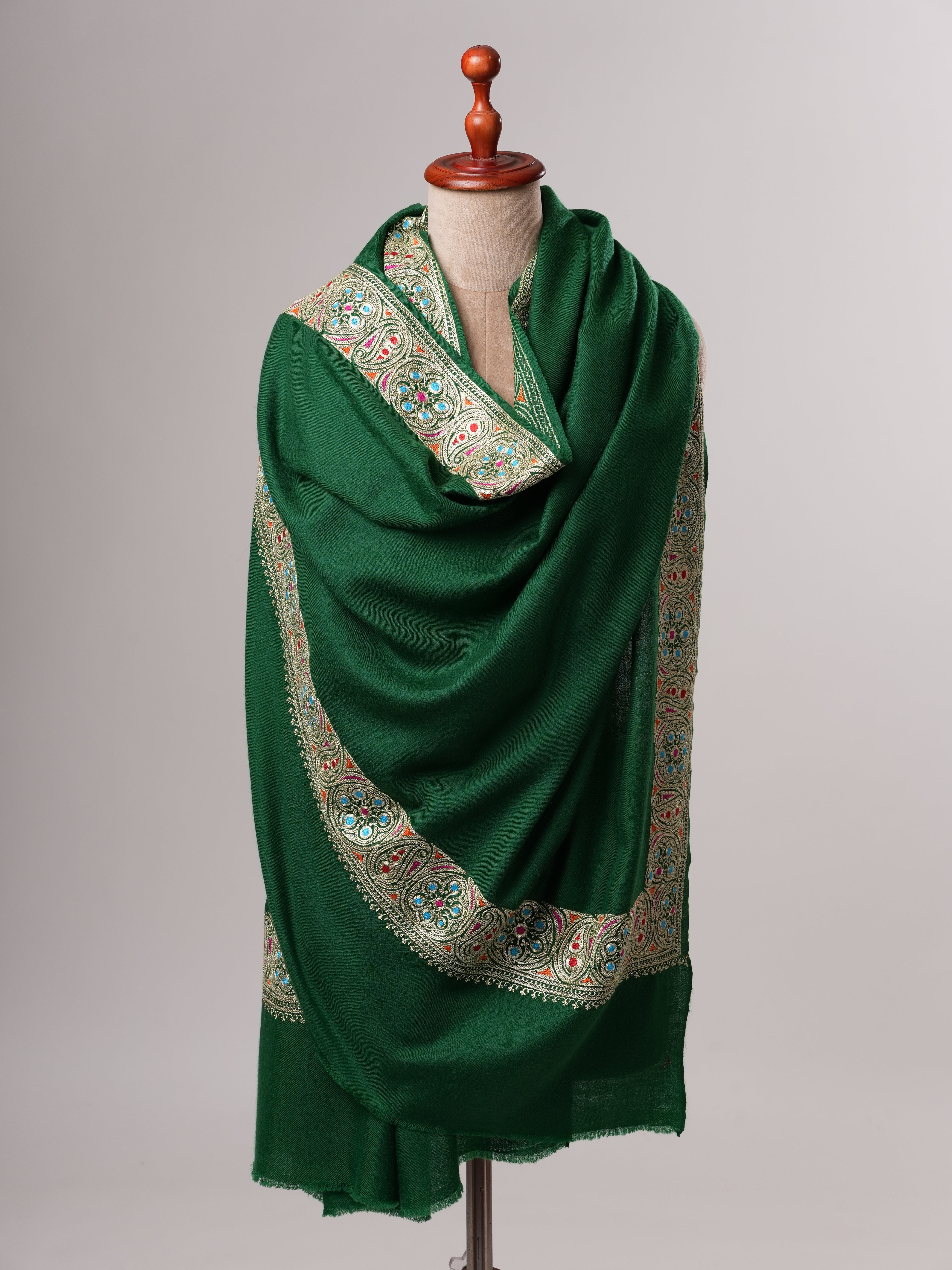 Emerald Green Pashmina Shawl with Watergold Tilla Embroidery and Sozni Shahkaar