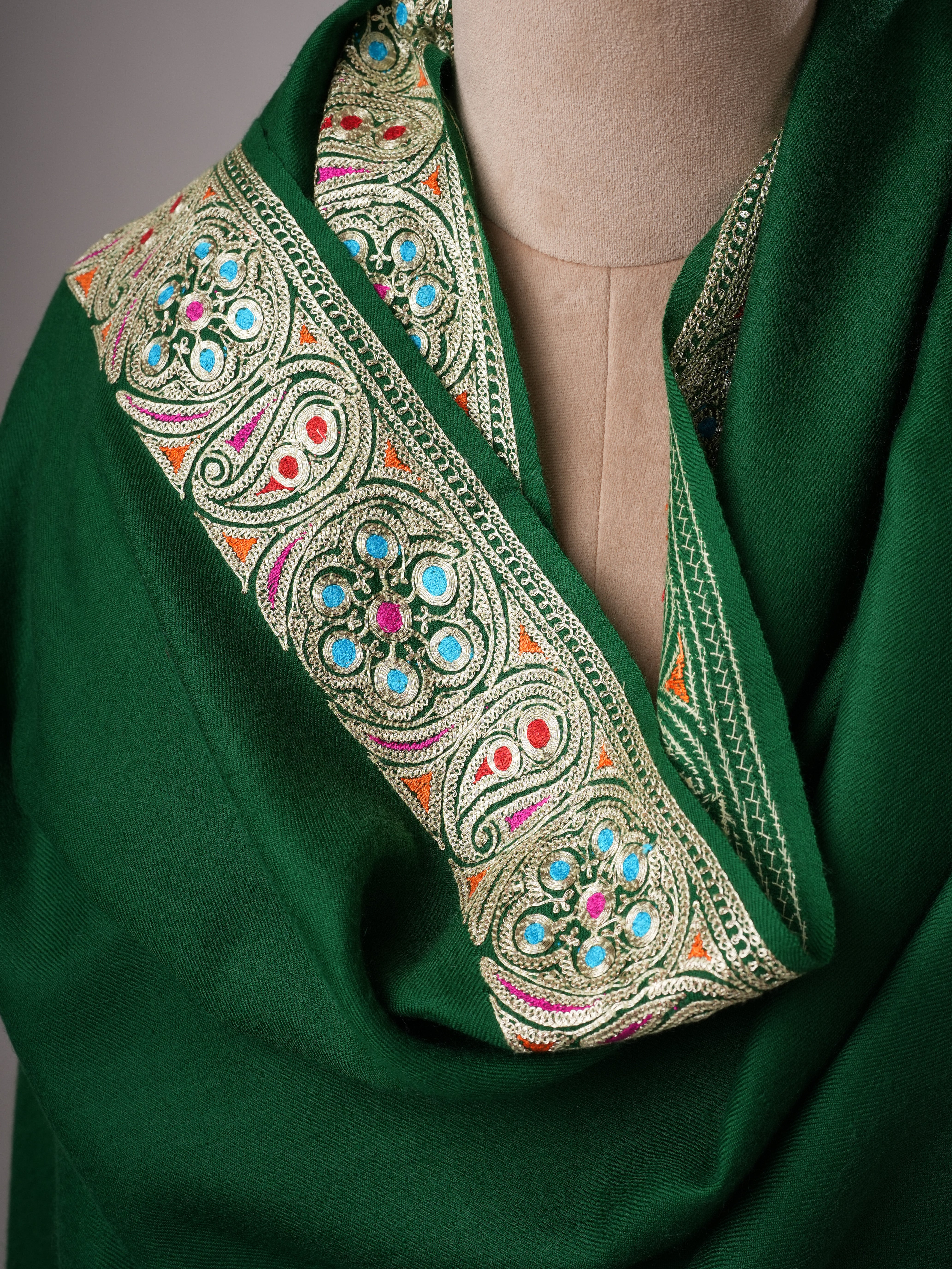 Emerald Green Pashmina Shawl with Watergold Tilla Embroidery and Sozni Shahkaar