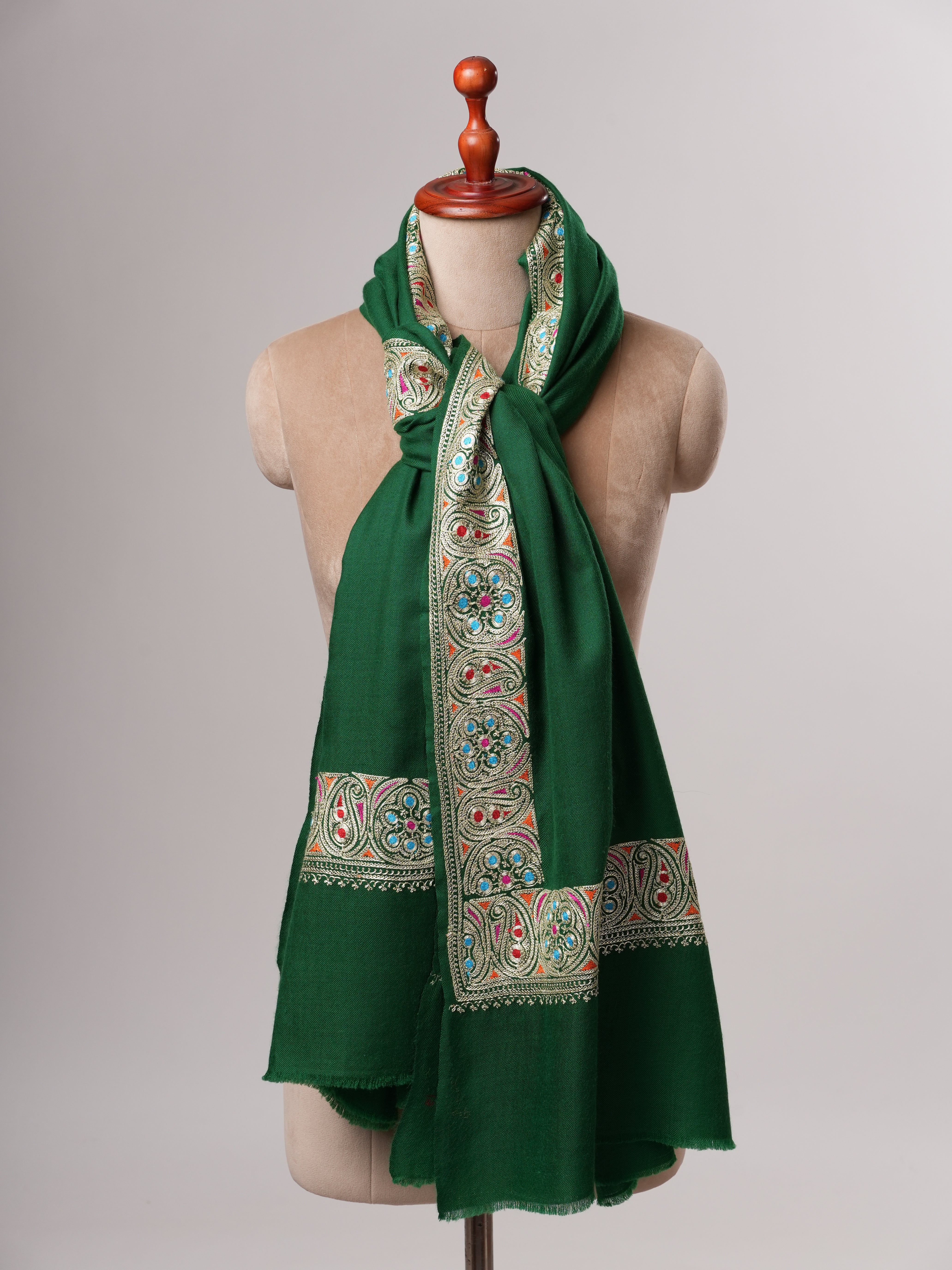 Emerald Green Pashmina Shawl with Watergold Tilla Embroidery and Sozni Shahkaar