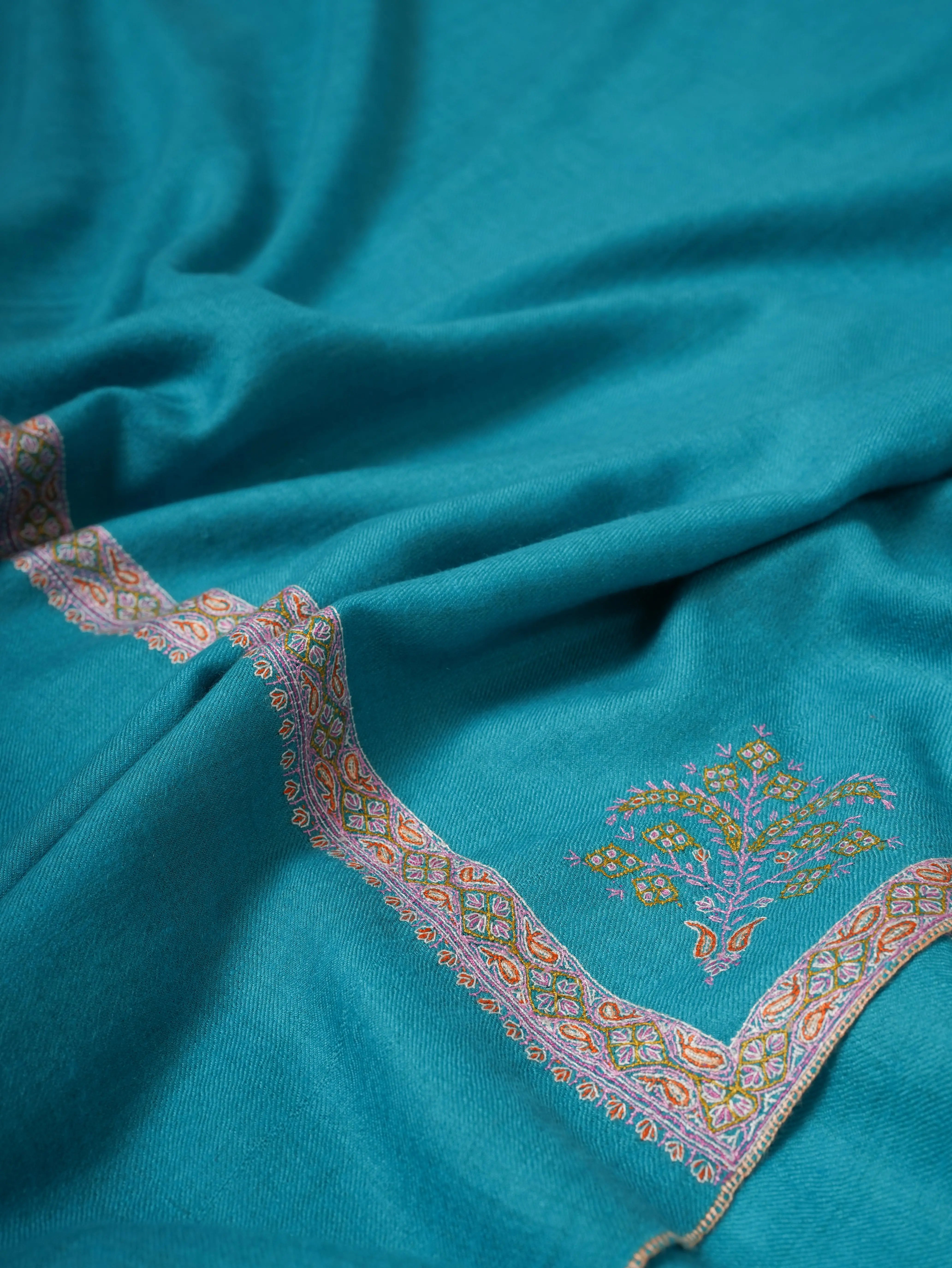 Turquoise Shahkaar Pashmina Shawl with Hand Embroidered Hashia Borders Shahkaar