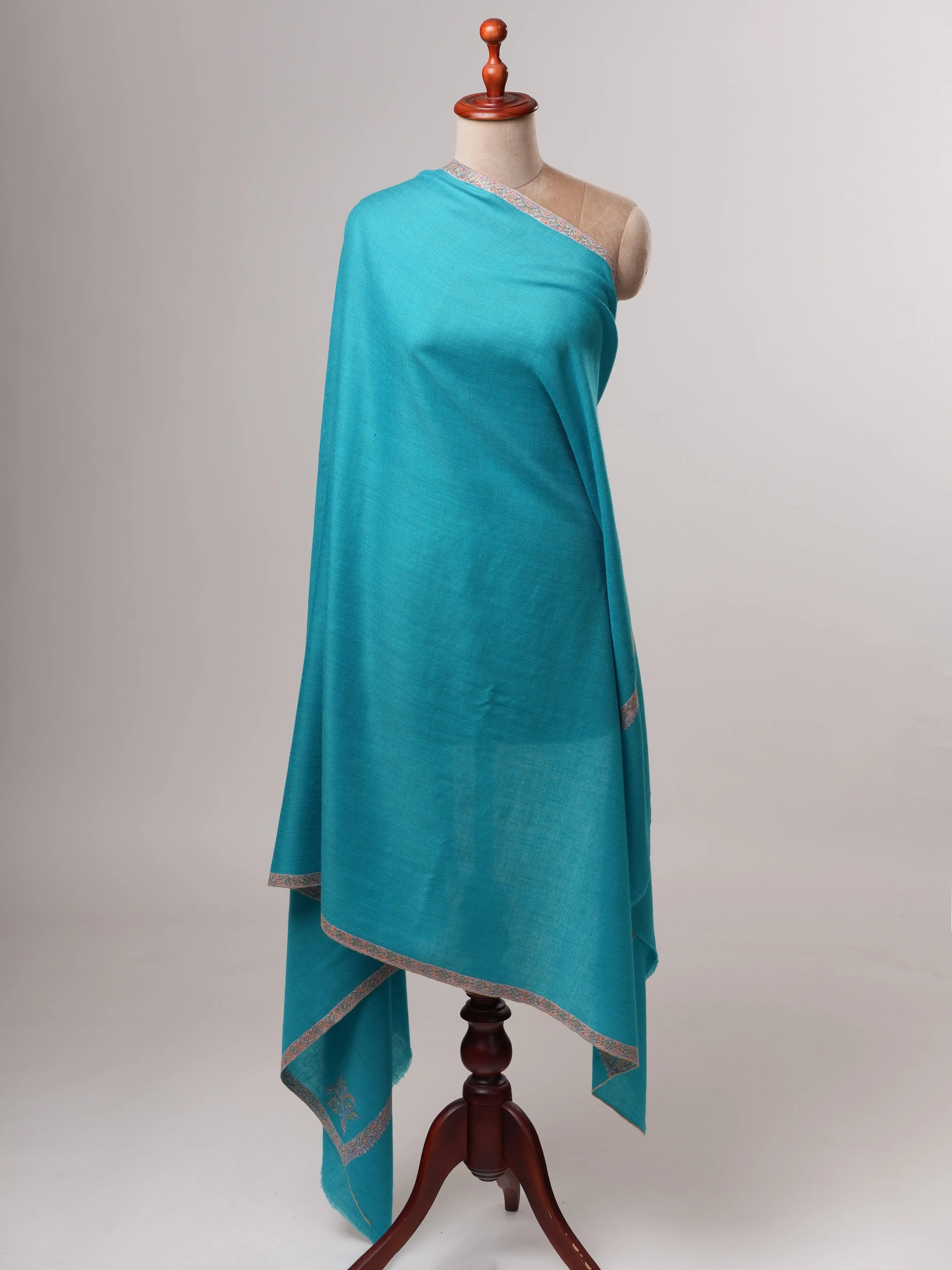 Turquoise Shahkaar Pashmina Shawl with Hand Embroidered Hashia Borders Shahkaar