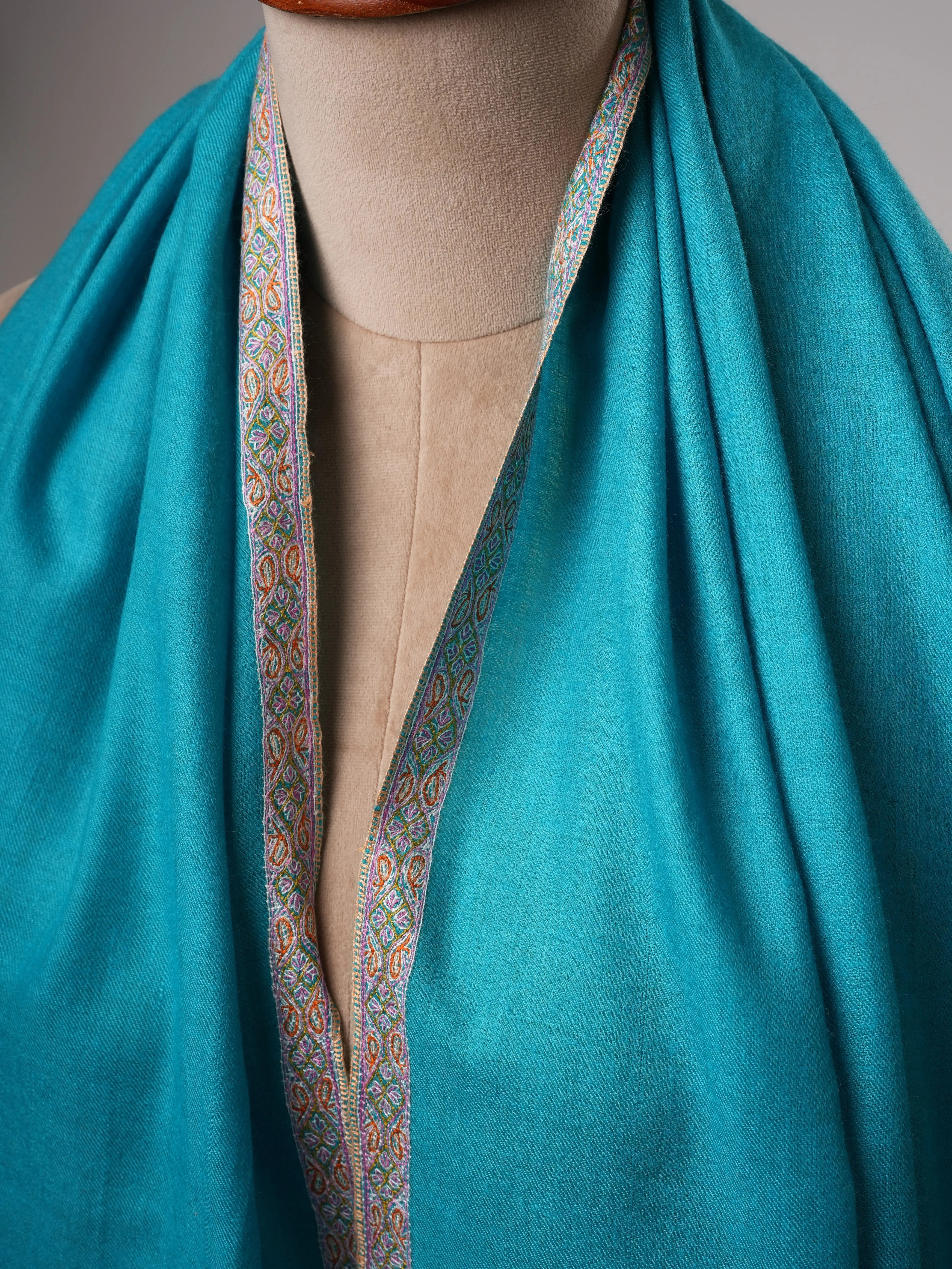 Turquoise Shahkaar Pashmina Shawl with Hand Embroidered Hashia Borders Shahkaar