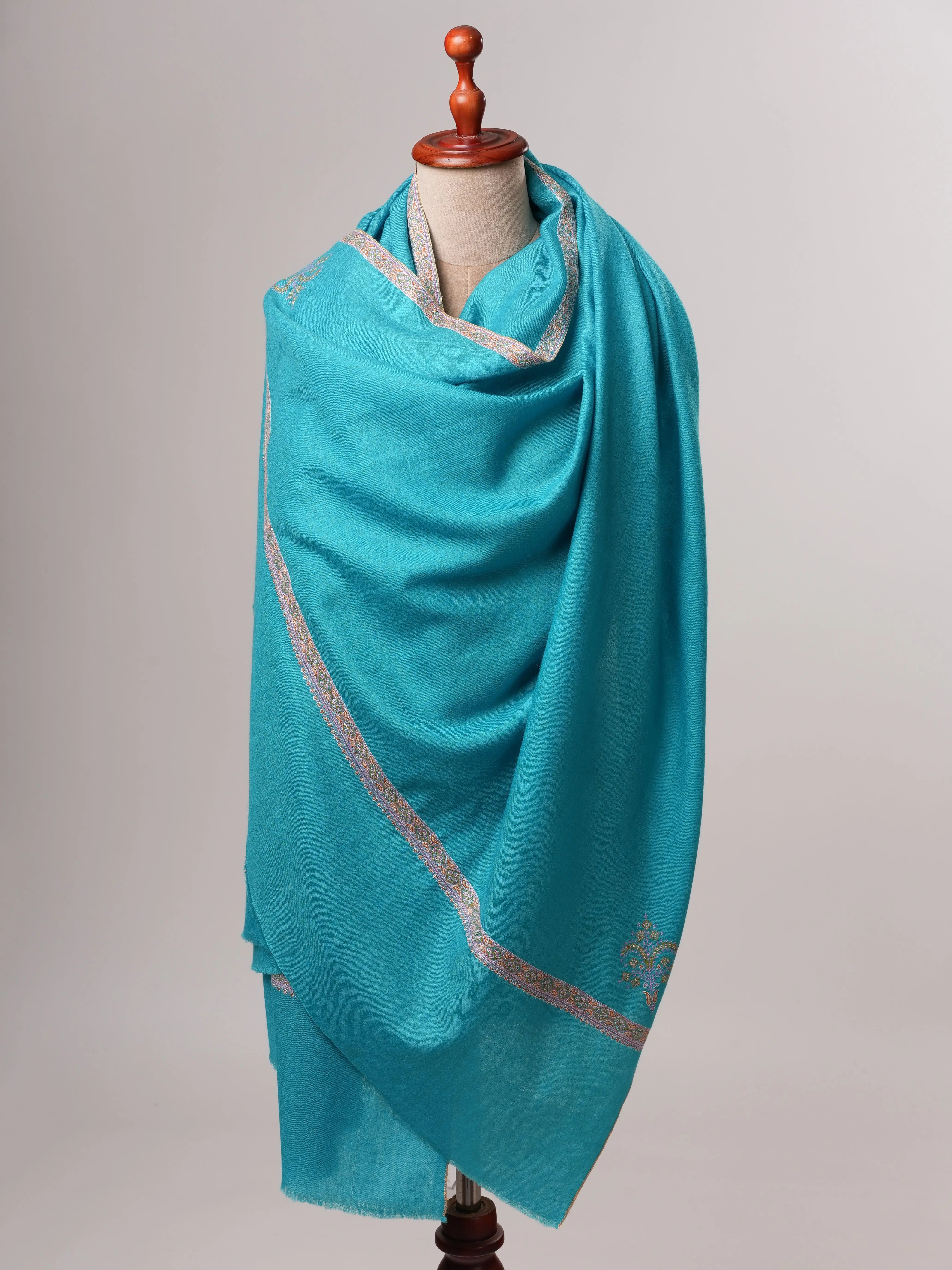 Turquoise Shahkaar Pashmina Shawl with Hand Embroidered Hashia Borders Shahkaar