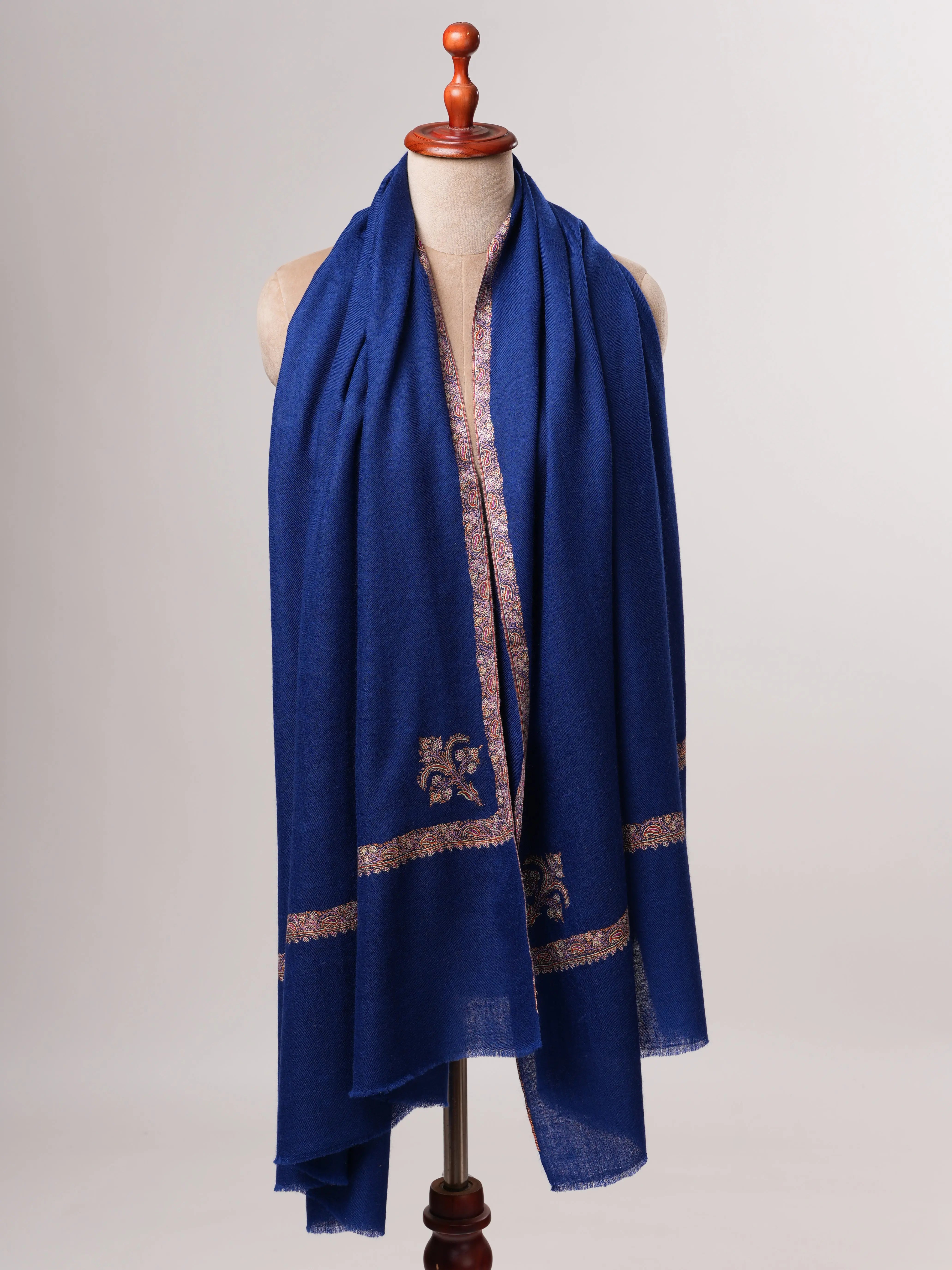 Handcrafted Navy Pashmina Shawl Featuring Fine Hashia Sozni Work Shahkaar