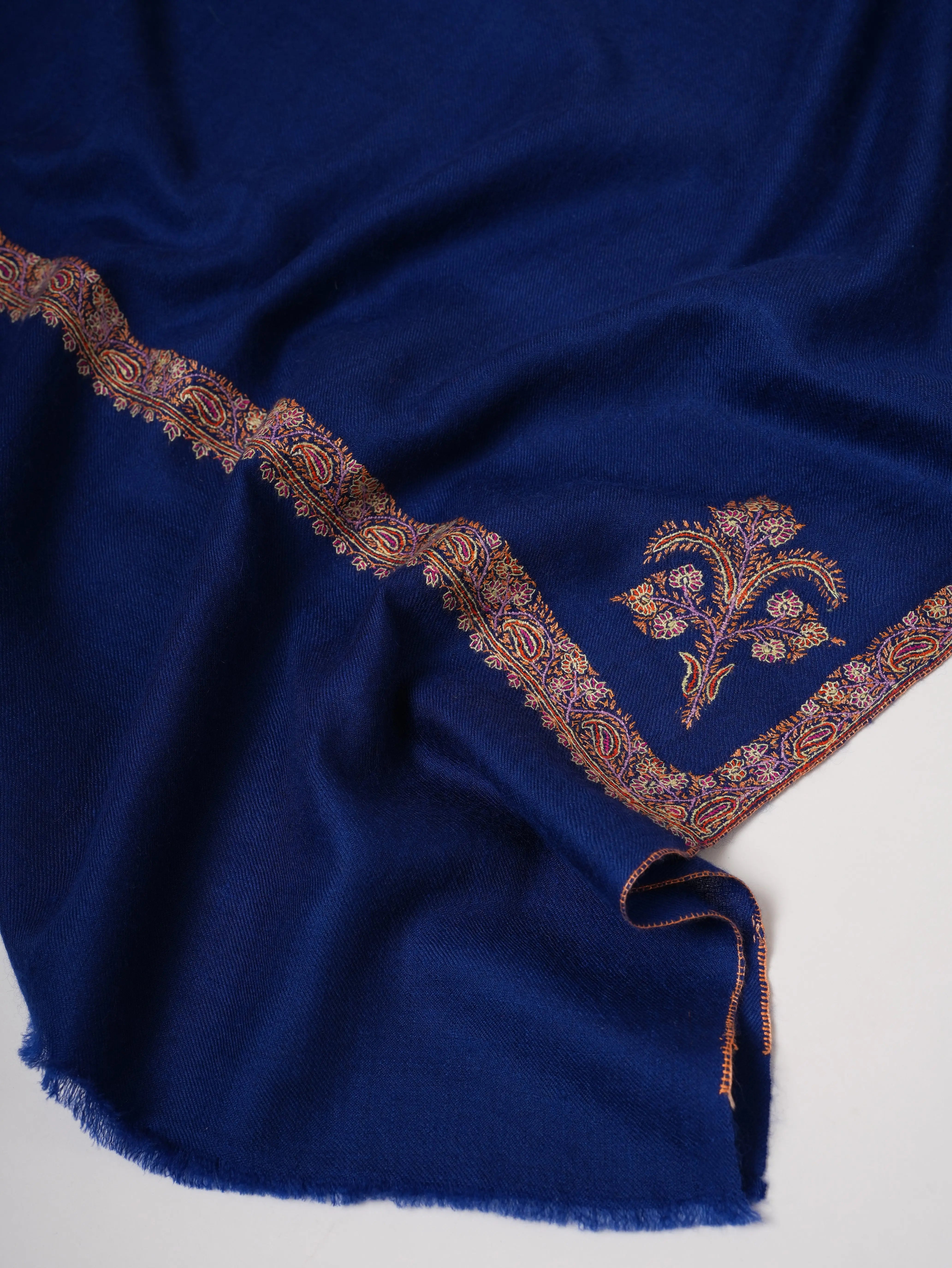 Handcrafted Navy Pashmina Shawl Featuring Fine Hashia Sozni Work Shahkaar