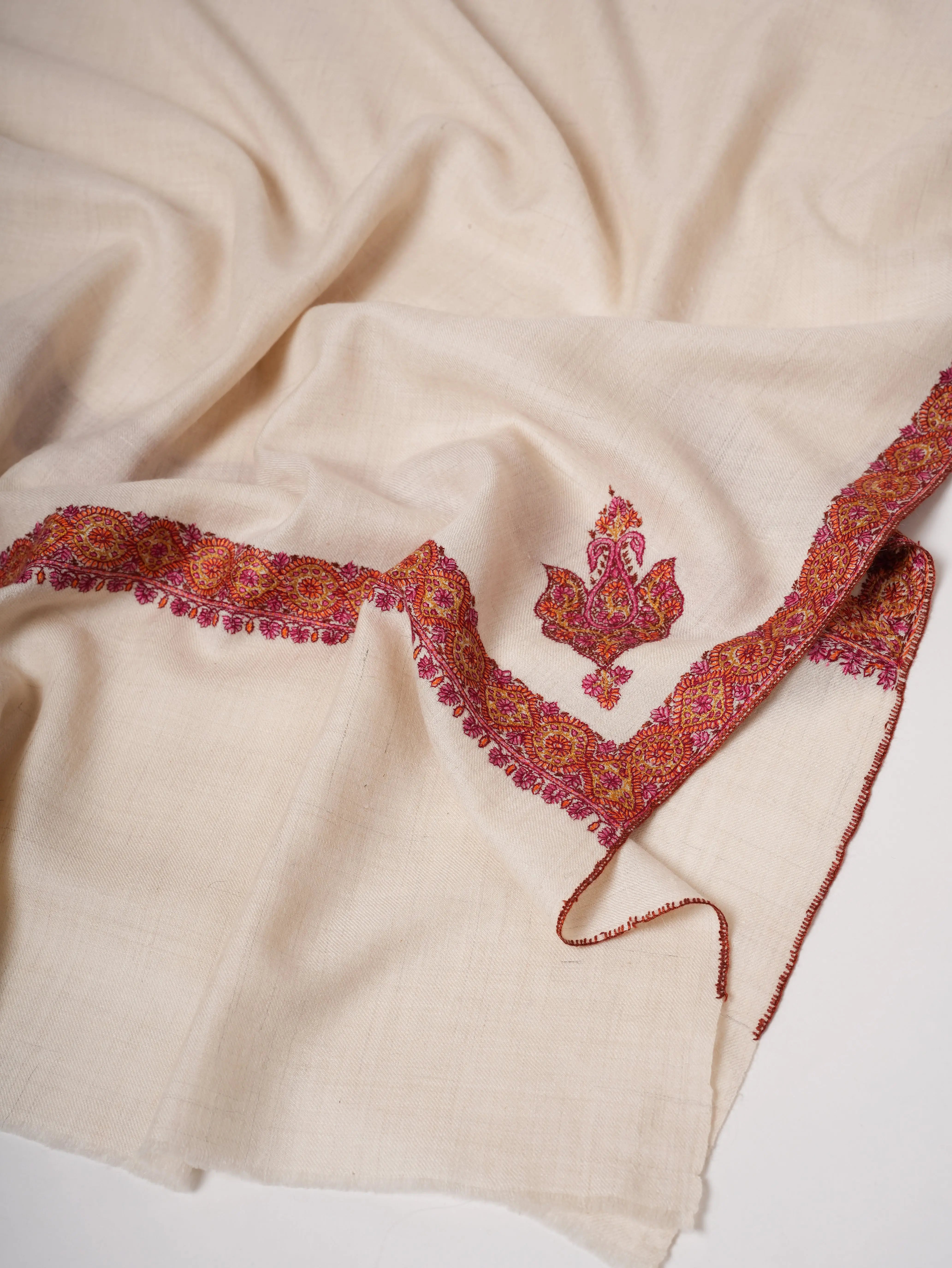 Feather Light Ivory Pashmina Shawl with Hashia Hand Embroidery Shahkaar