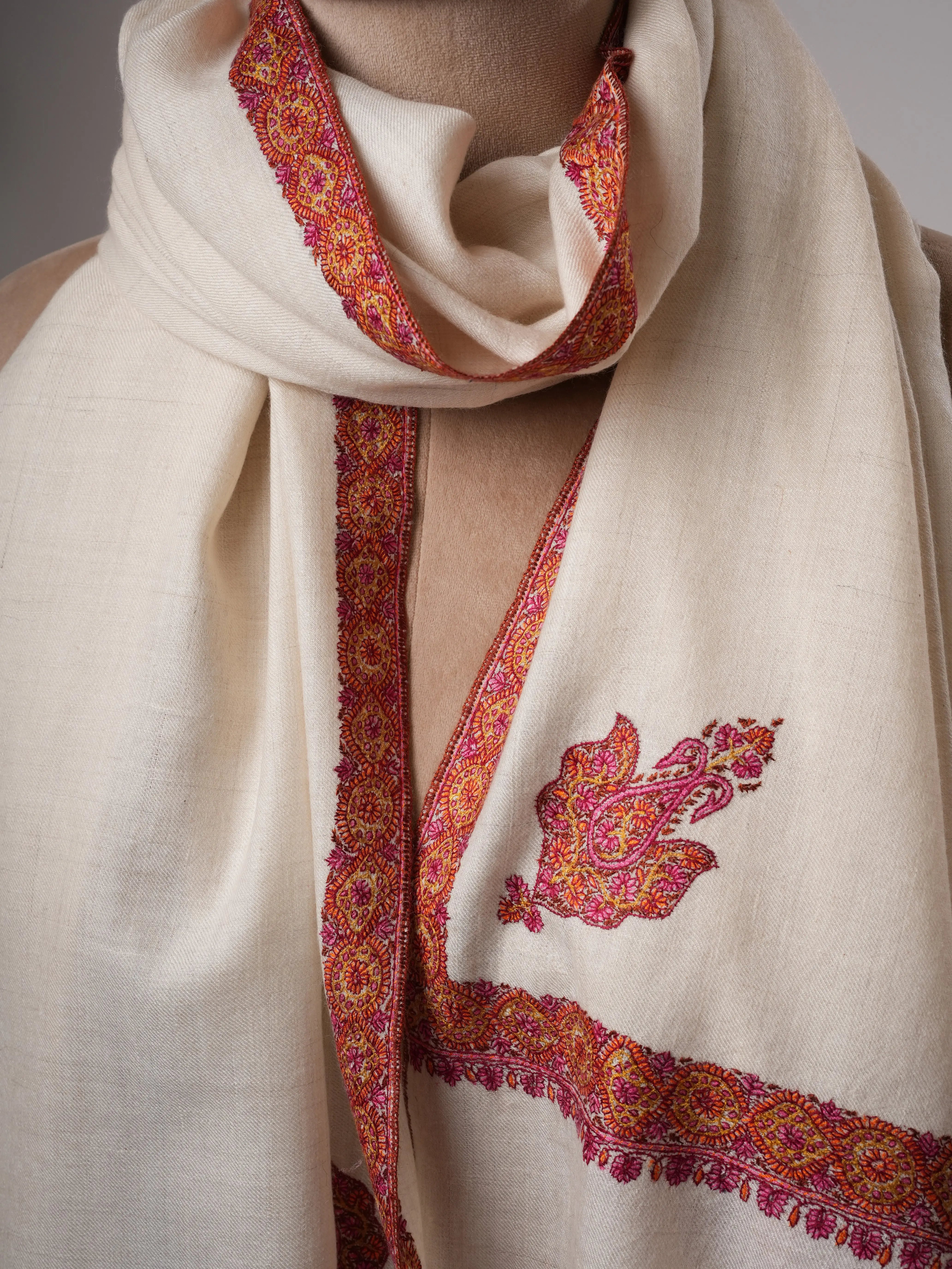 Feather Light Ivory Pashmina Shawl with Hashia Hand Embroidery Shahkaar