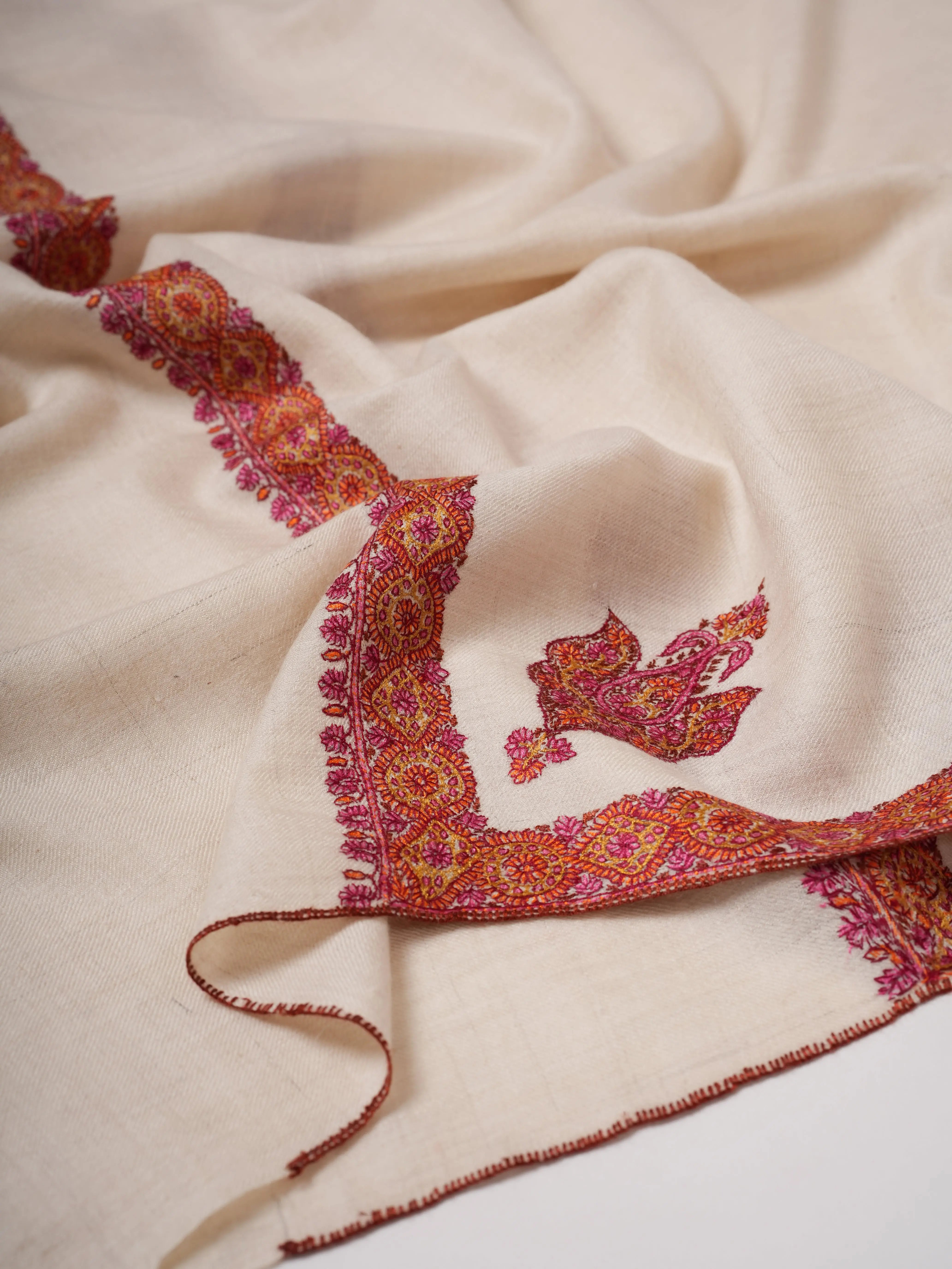 Feather Light Ivory Pashmina Shawl with Hashia Hand Embroidery Shahkaar