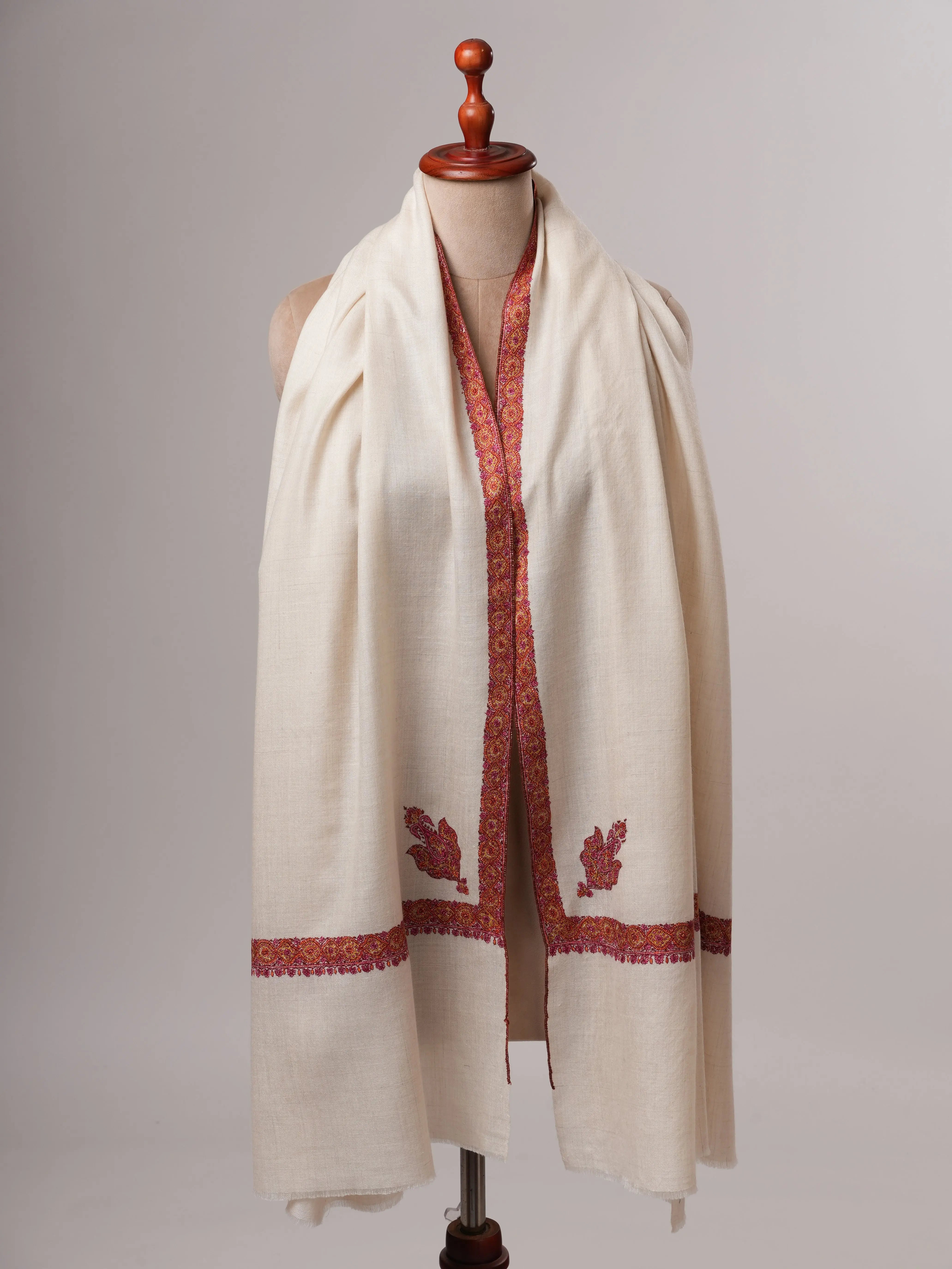 Feather Light Ivory Pashmina Shawl with Hashia Hand Embroidery Shahkaar