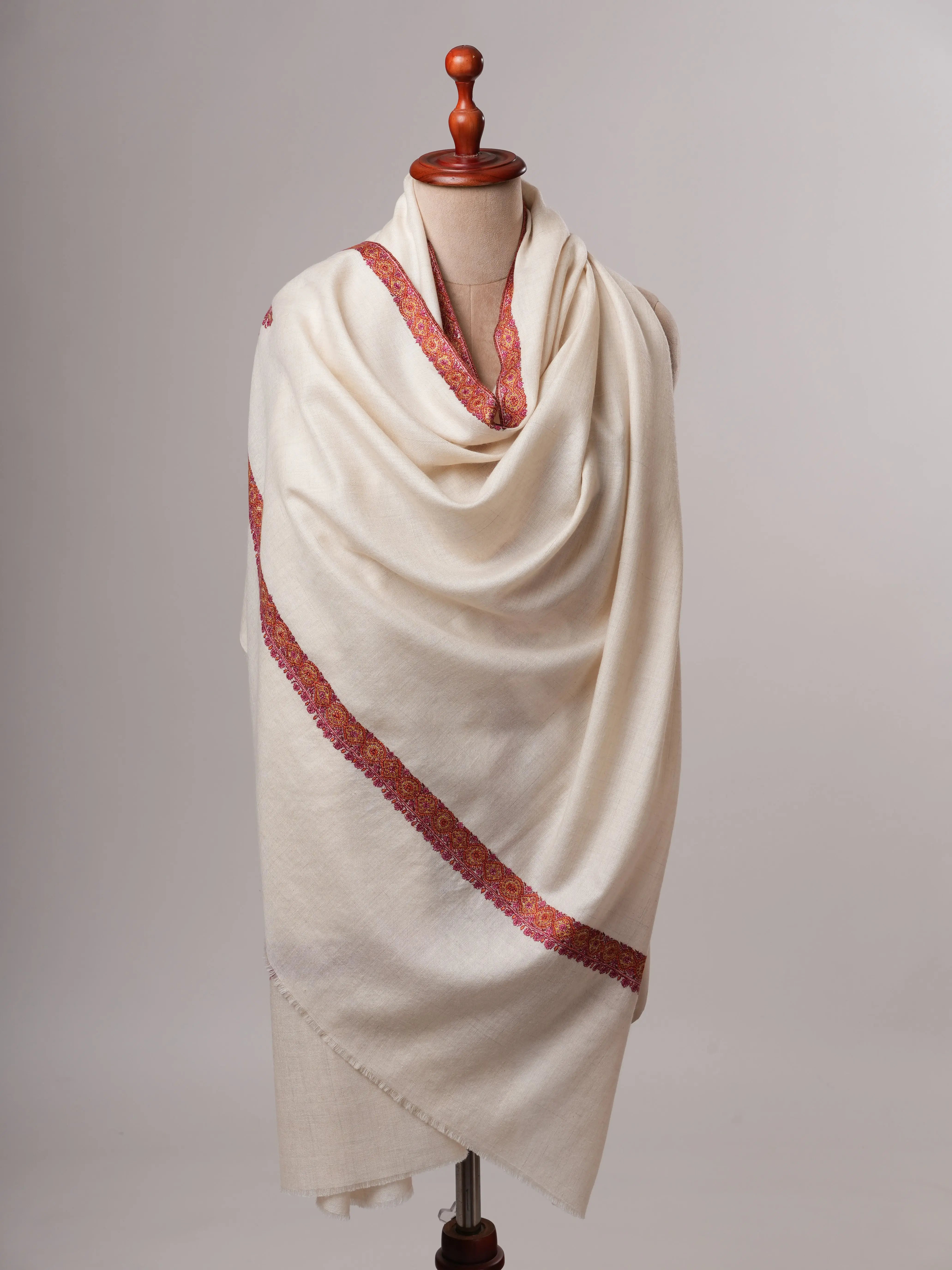 Feather Light Ivory Pashmina Shawl with Hashia Hand Embroidery Shahkaar