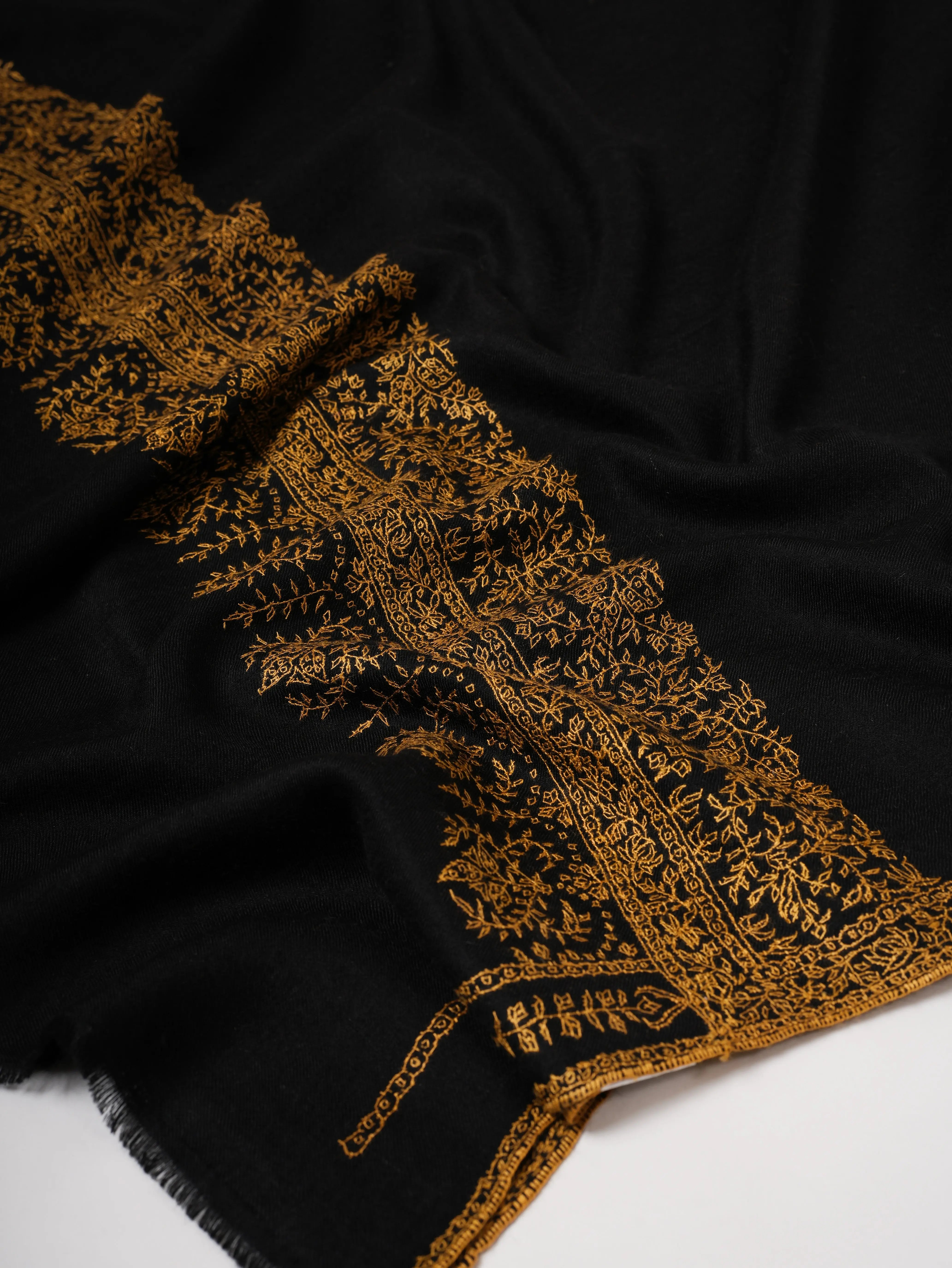 Black Pashmina Shawl – Hand-Embroidered Palla with Golden Detailing Shahkaar
