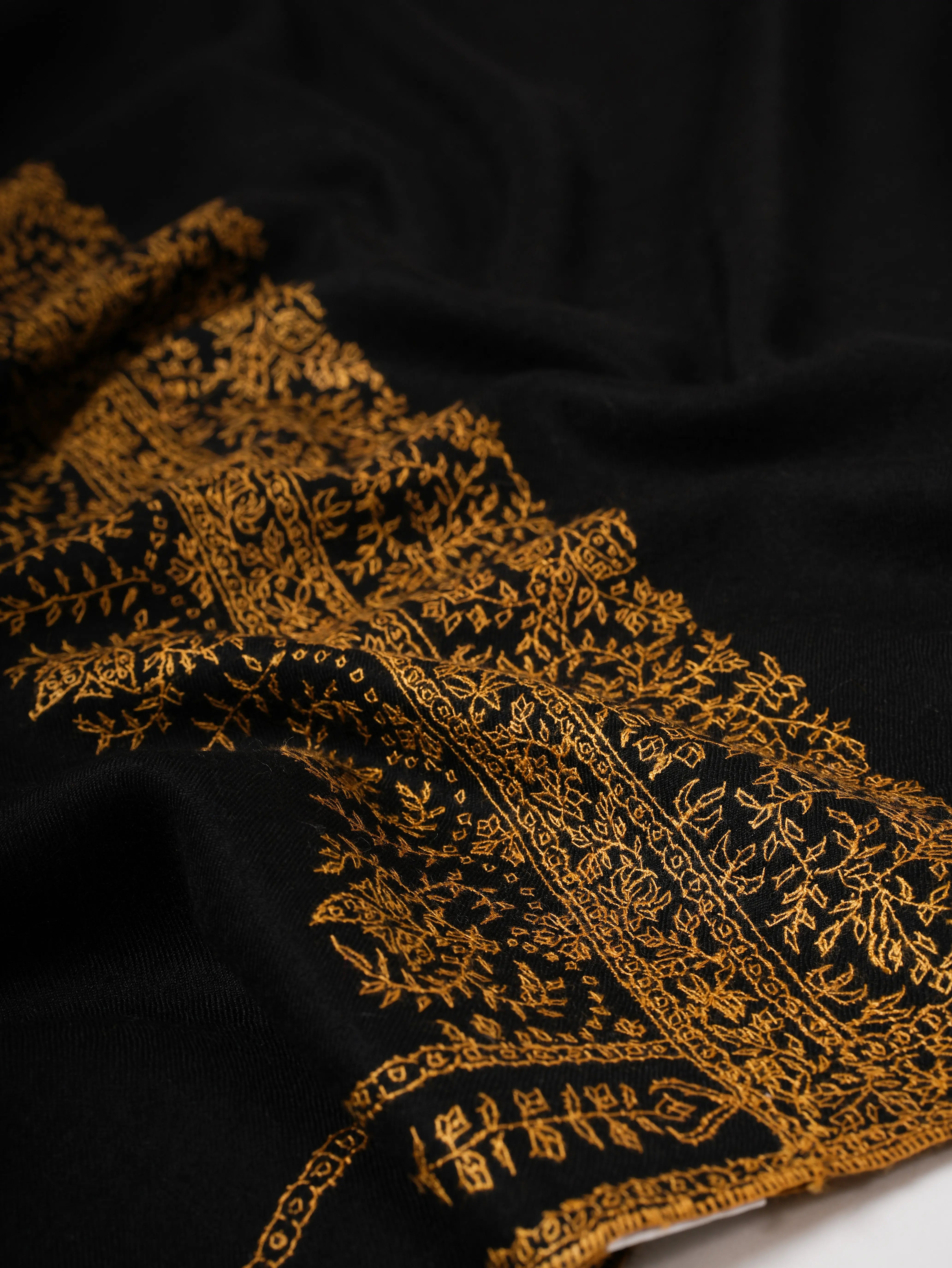 Black Pashmina Shawl – Hand-Embroidered Palla with Golden Detailing Shahkaar