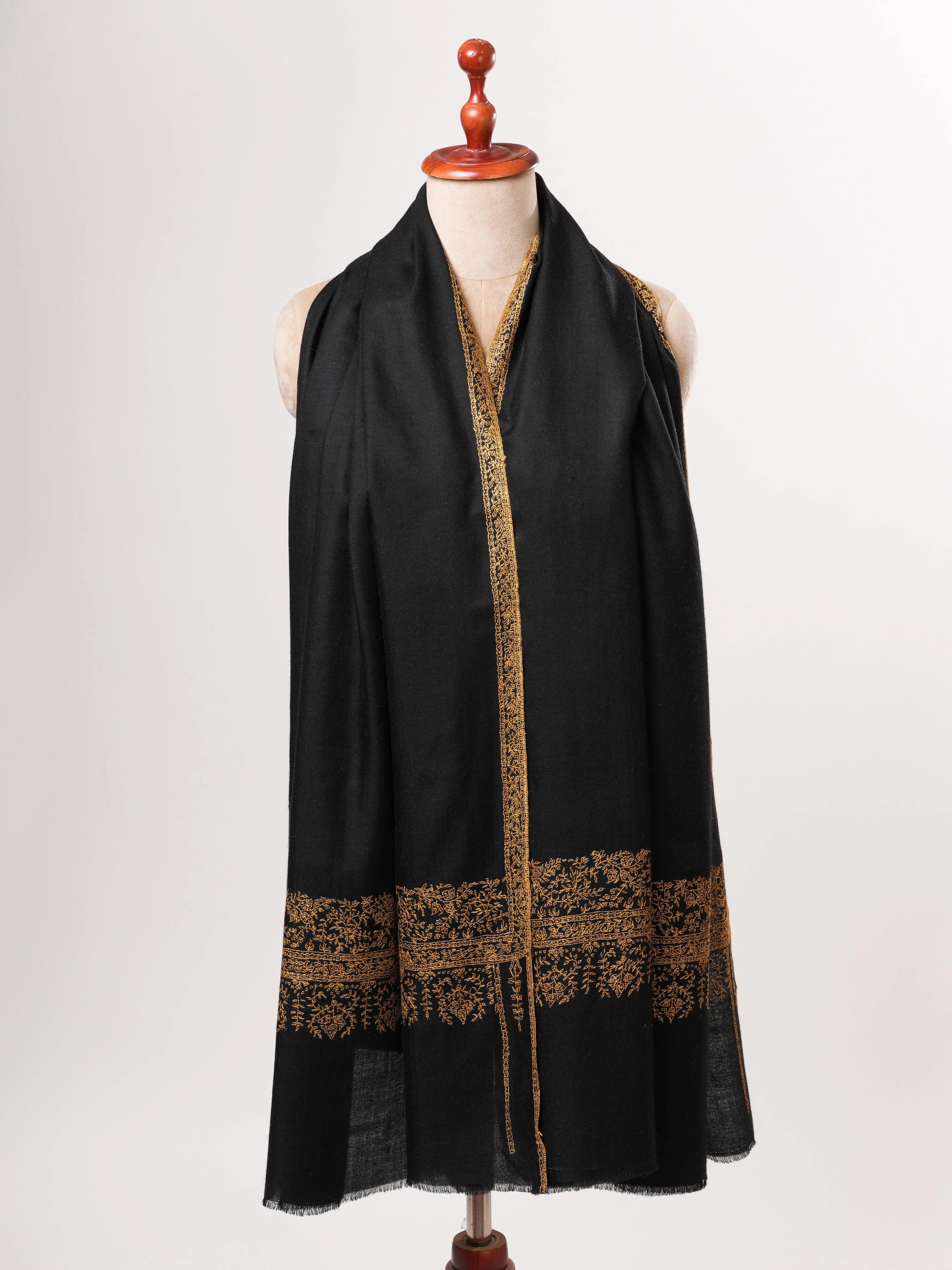Black Pashmina Shawl – Hand-Embroidered Palla with Golden Detailing Shahkaar
