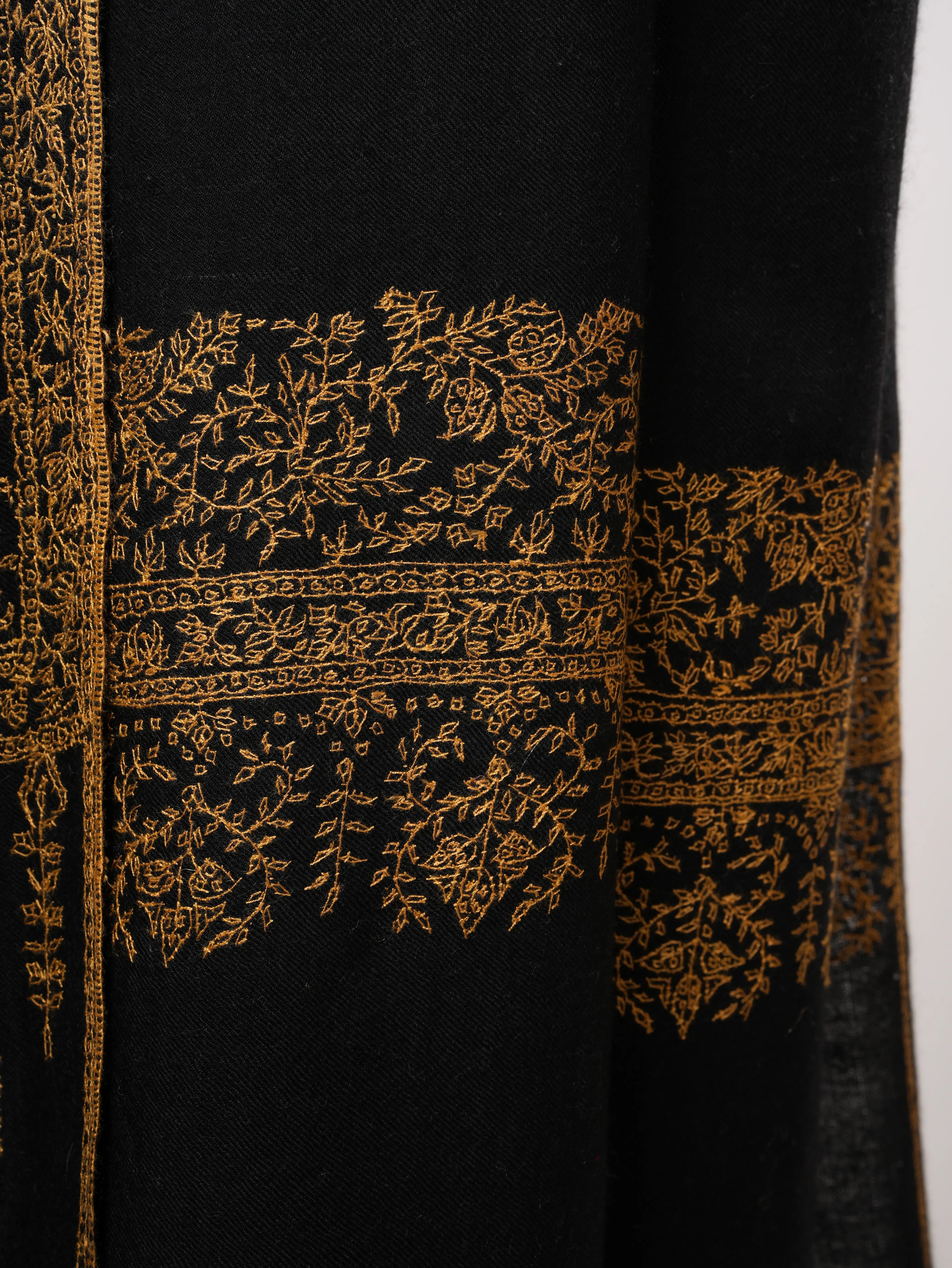 Black Pashmina Shawl – Hand-Embroidered Palla with Golden Detailing Shahkaar
