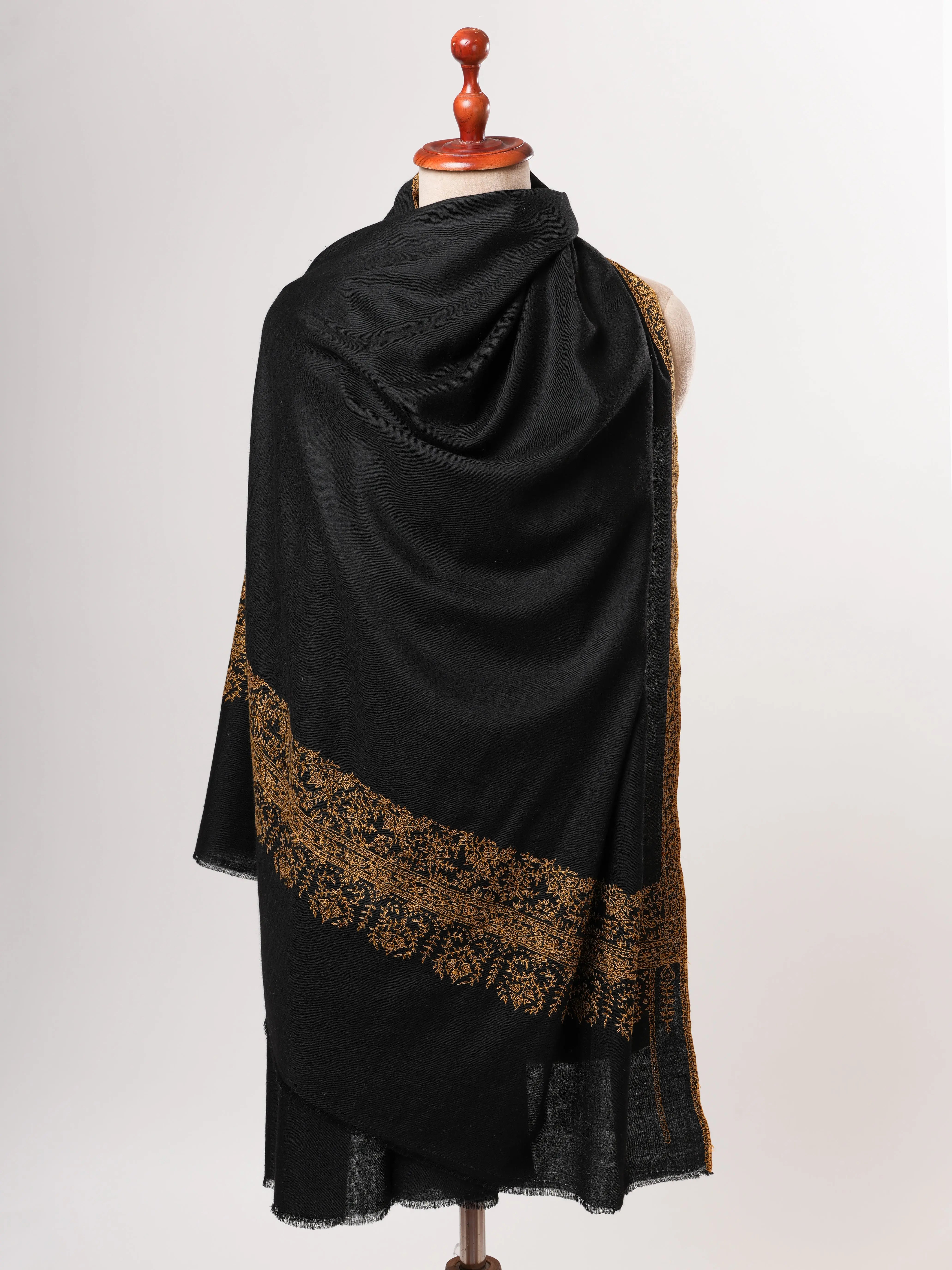 Black Pashmina Shawl – Hand-Embroidered Palla with Golden Detailing Shahkaar