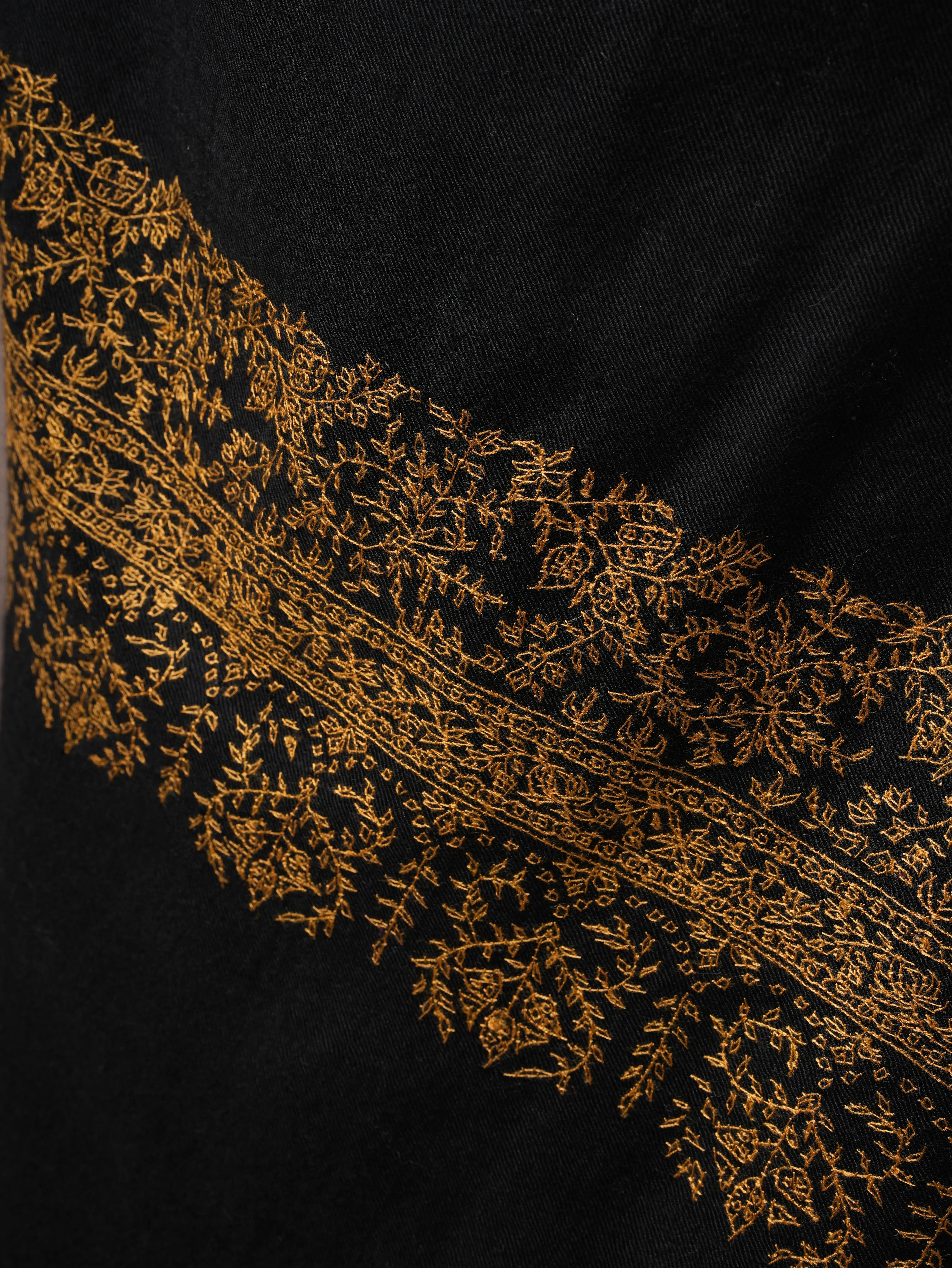 Black Pashmina Shawl – Hand-Embroidered Palla with Golden Detailing Shahkaar