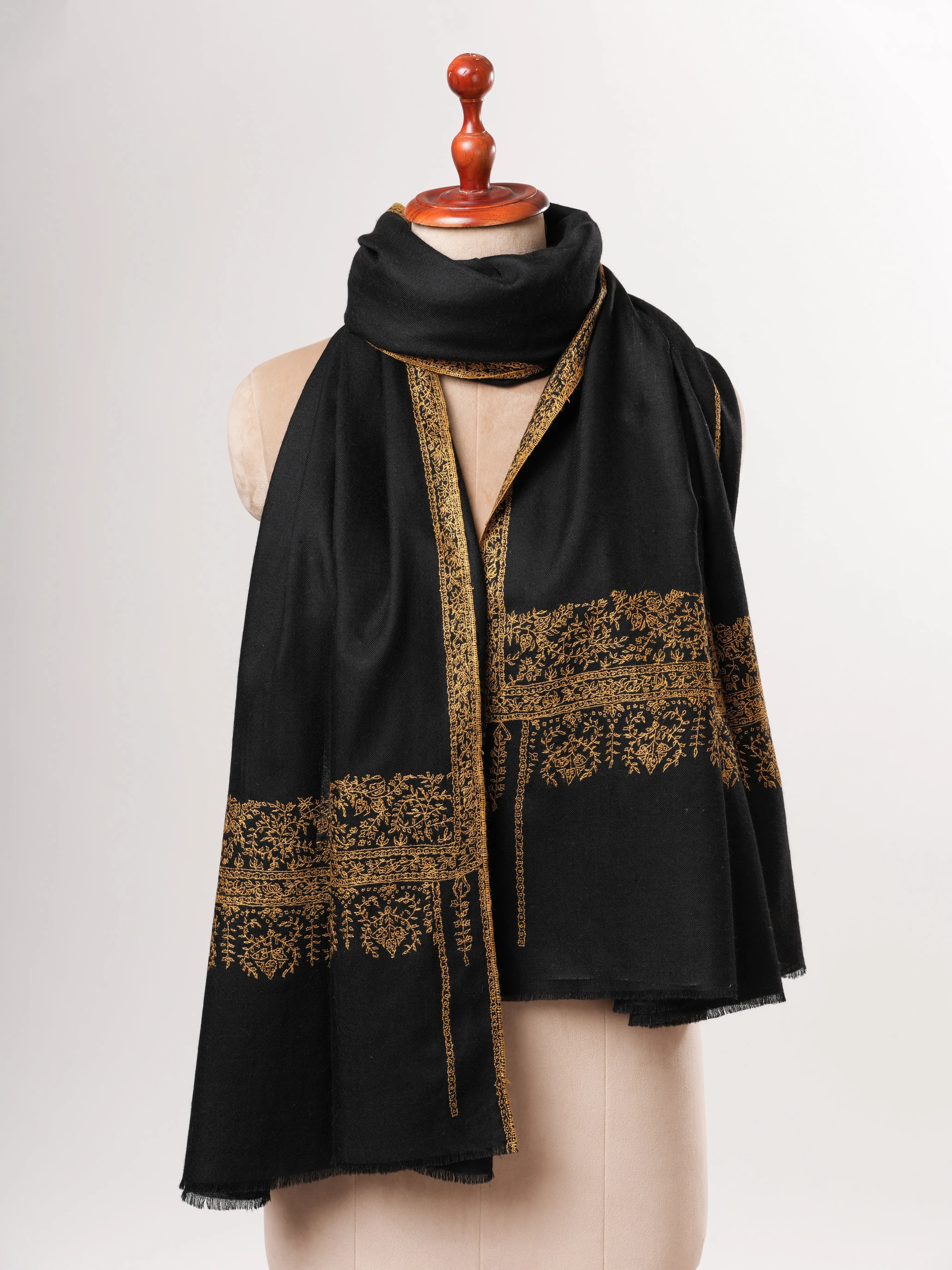 Black Pashmina Shawl – Hand-Embroidered Palla with Golden Detailing Shahkaar