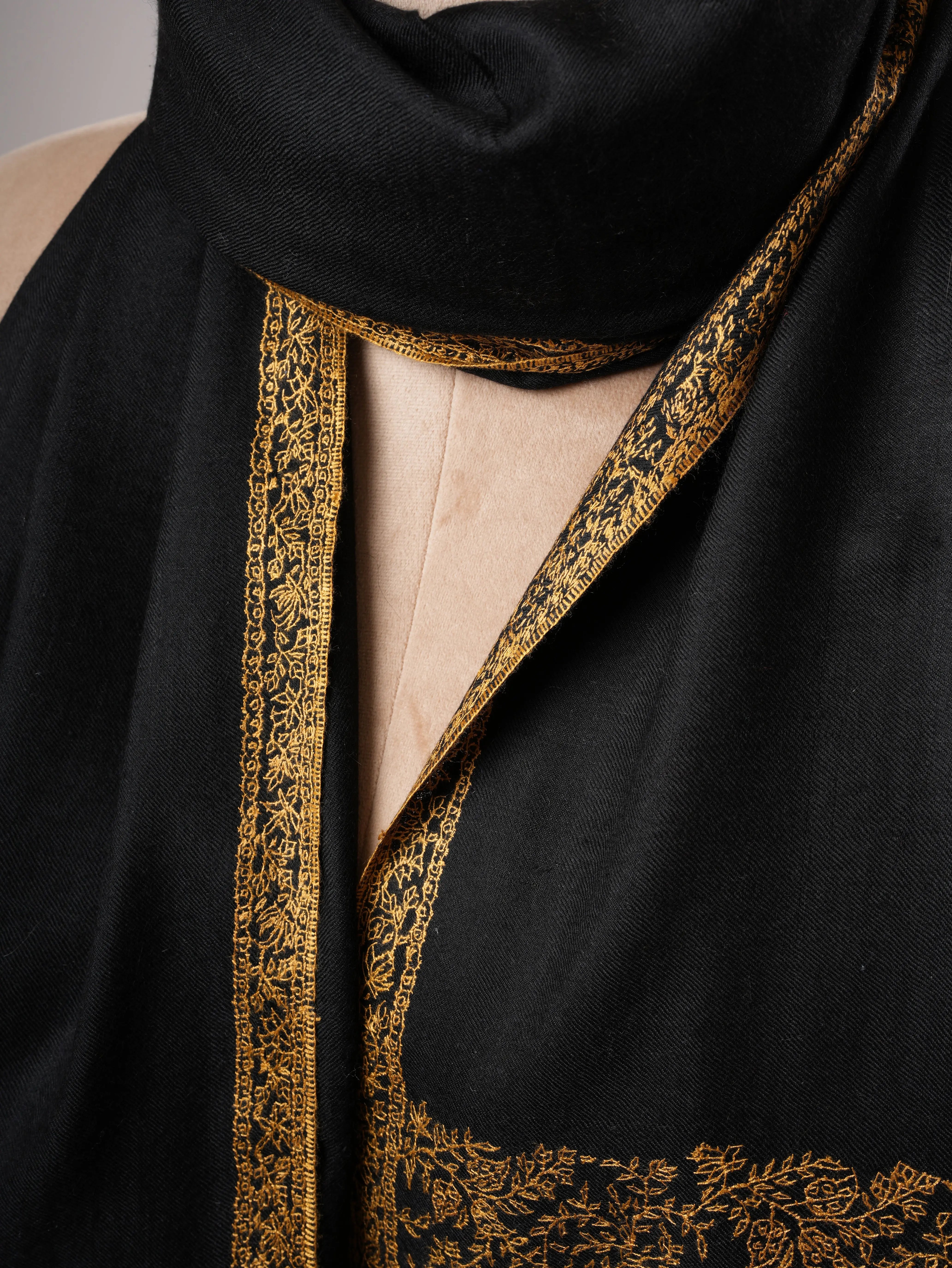 Black Pashmina Shawl – Hand-Embroidered Palla with Golden Detailing Shahkaar