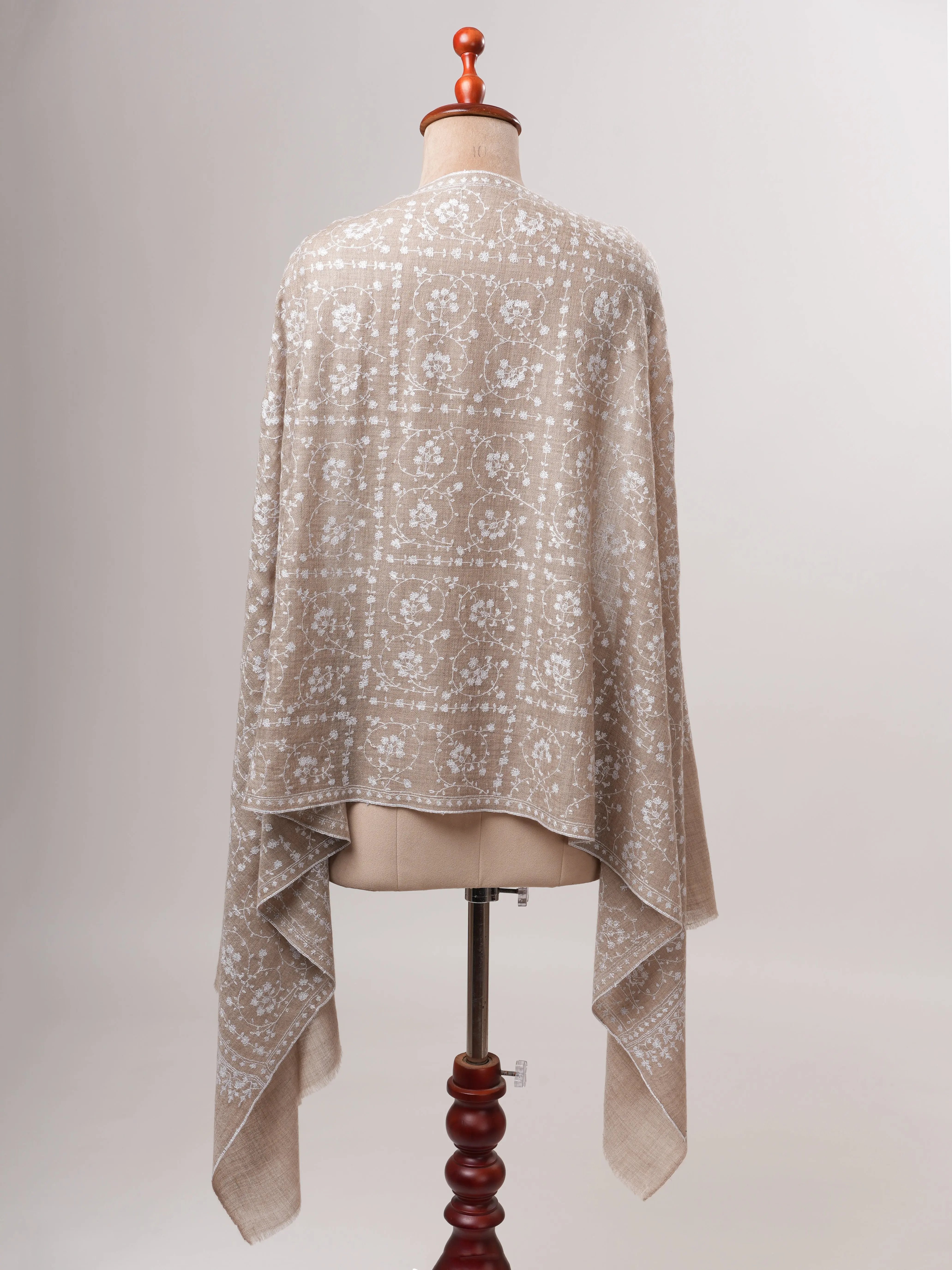 Natural Grey Lightweight Cashmere Scarf with White Hand Embroidery Shahkaar