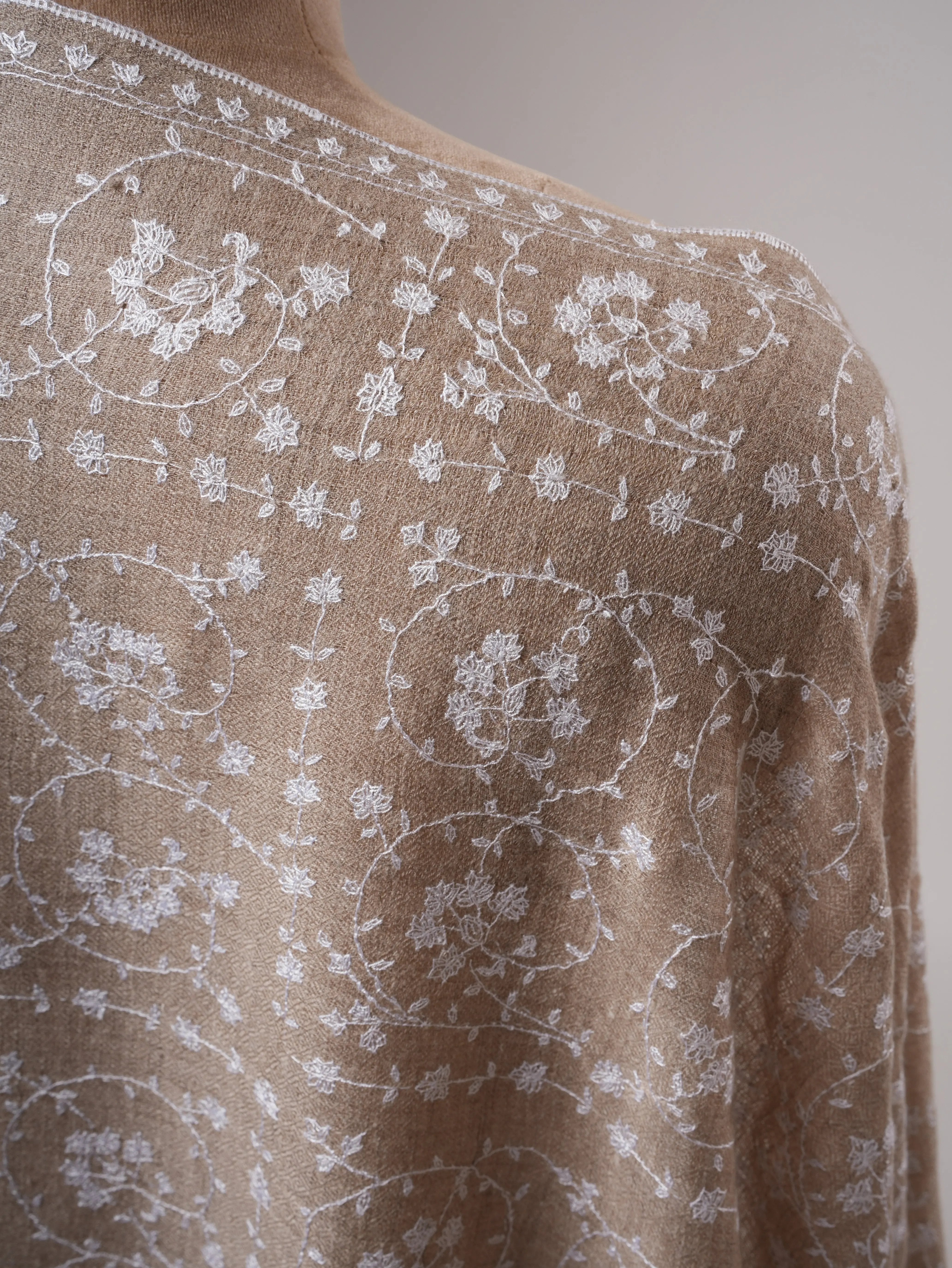 Natural Grey Lightweight Cashmere Scarf with White Hand Embroidery Shahkaar