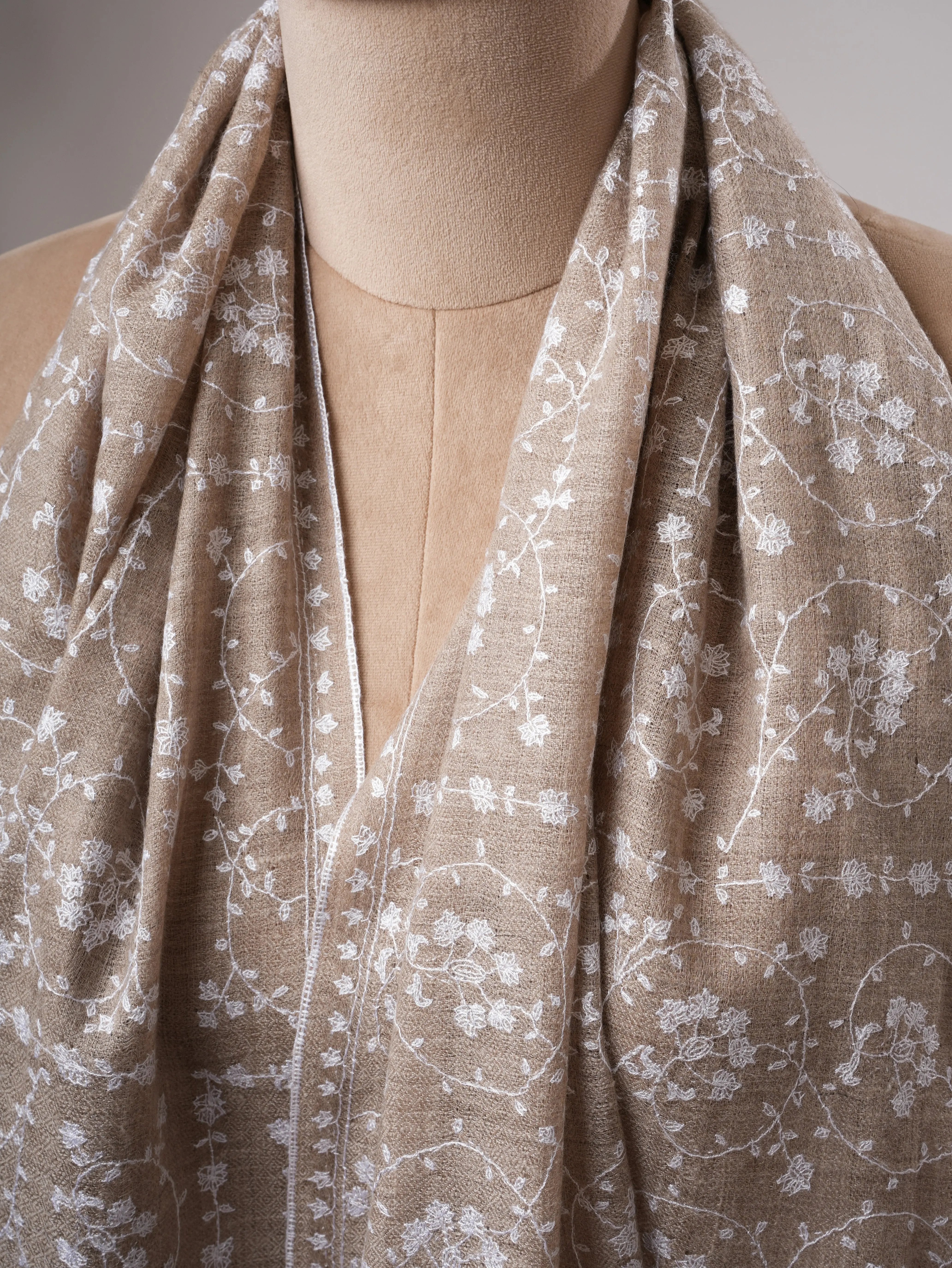 Natural Grey Lightweight Cashmere Scarf with White Hand Embroidery Shahkaar