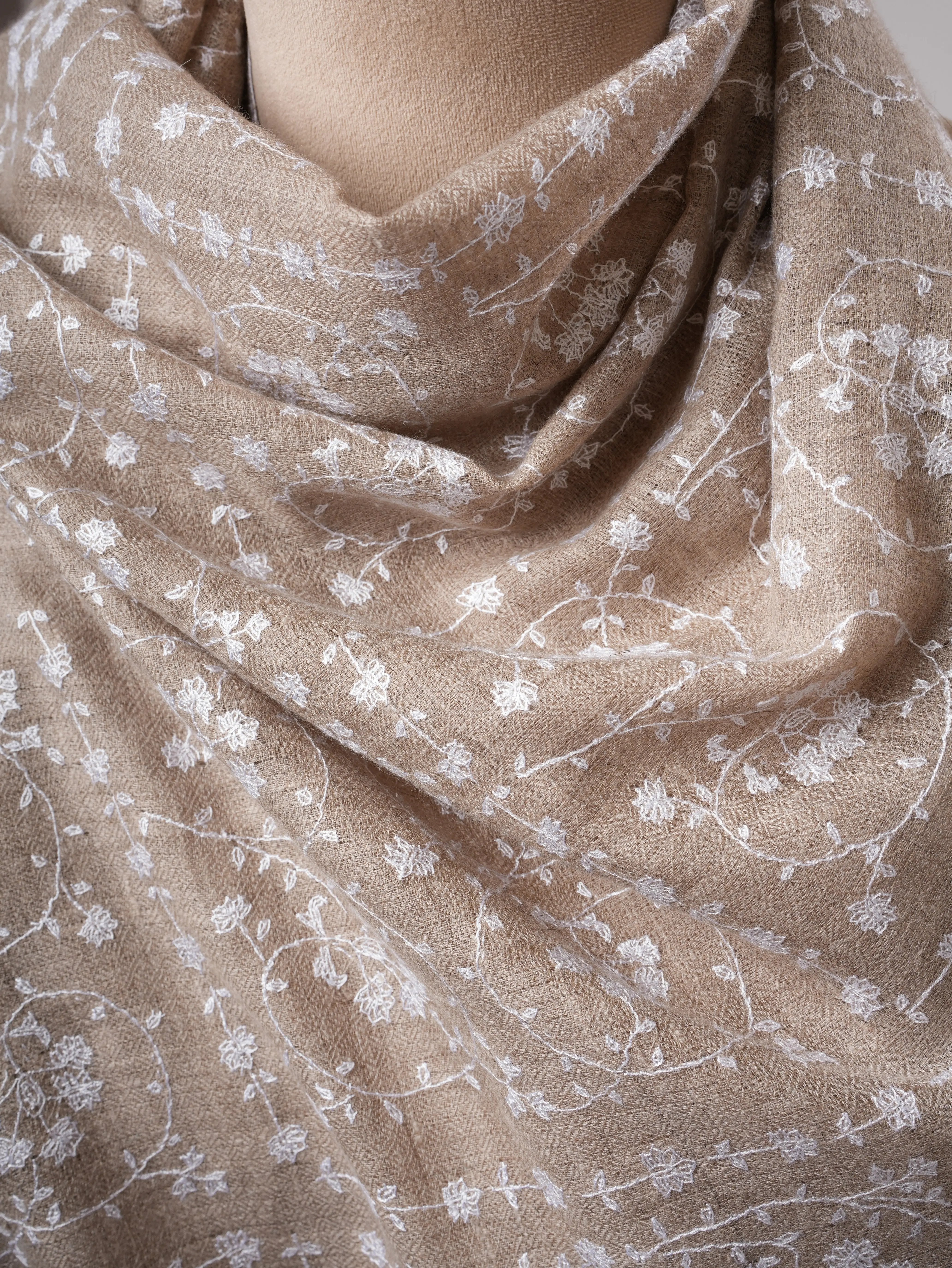 Natural Grey Lightweight Cashmere Scarf with White Hand Embroidery Shahkaar