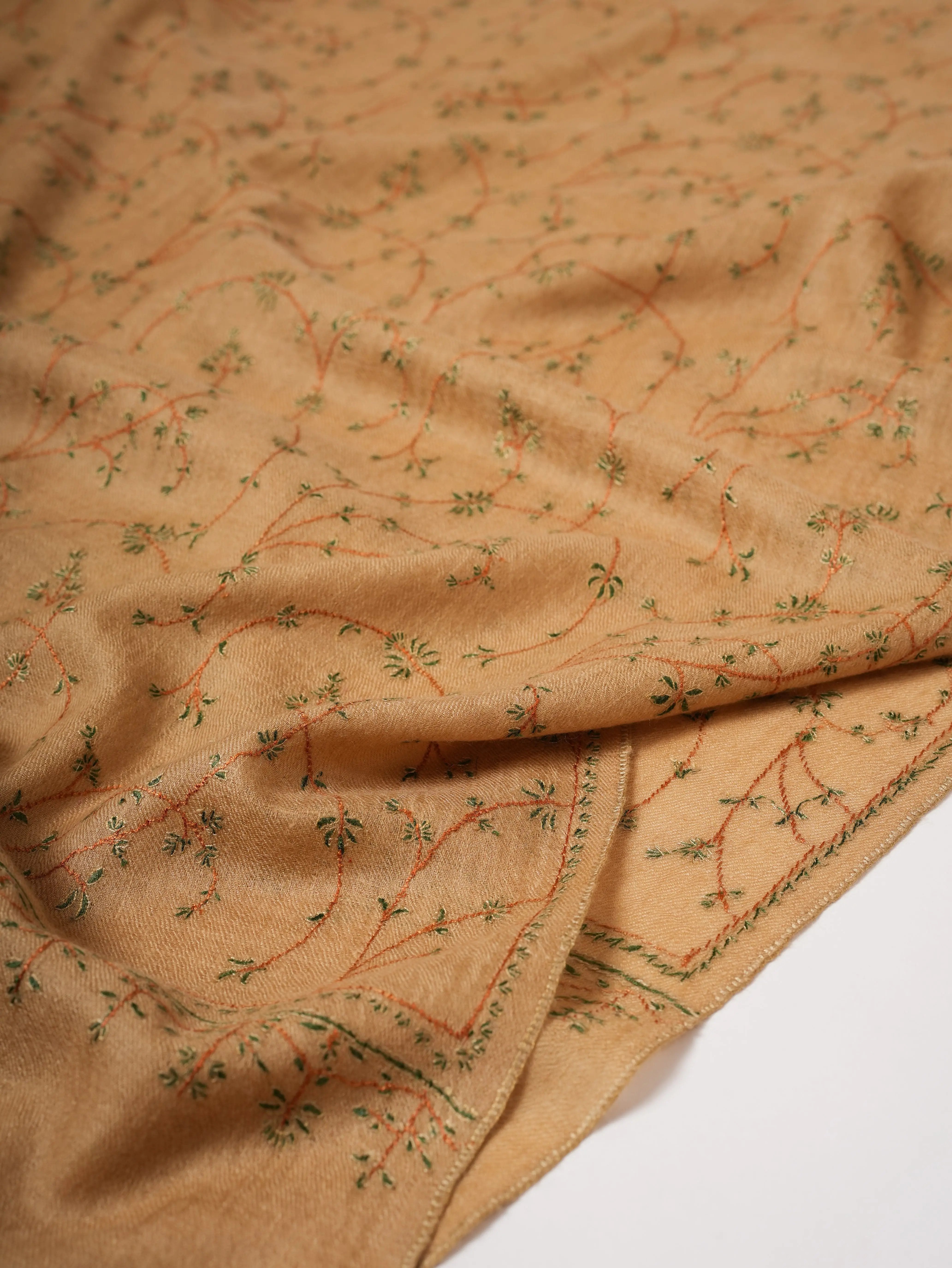 Minimalist Tan Cashmere Scarf with Fine Sozni Embroidery Shahkaar