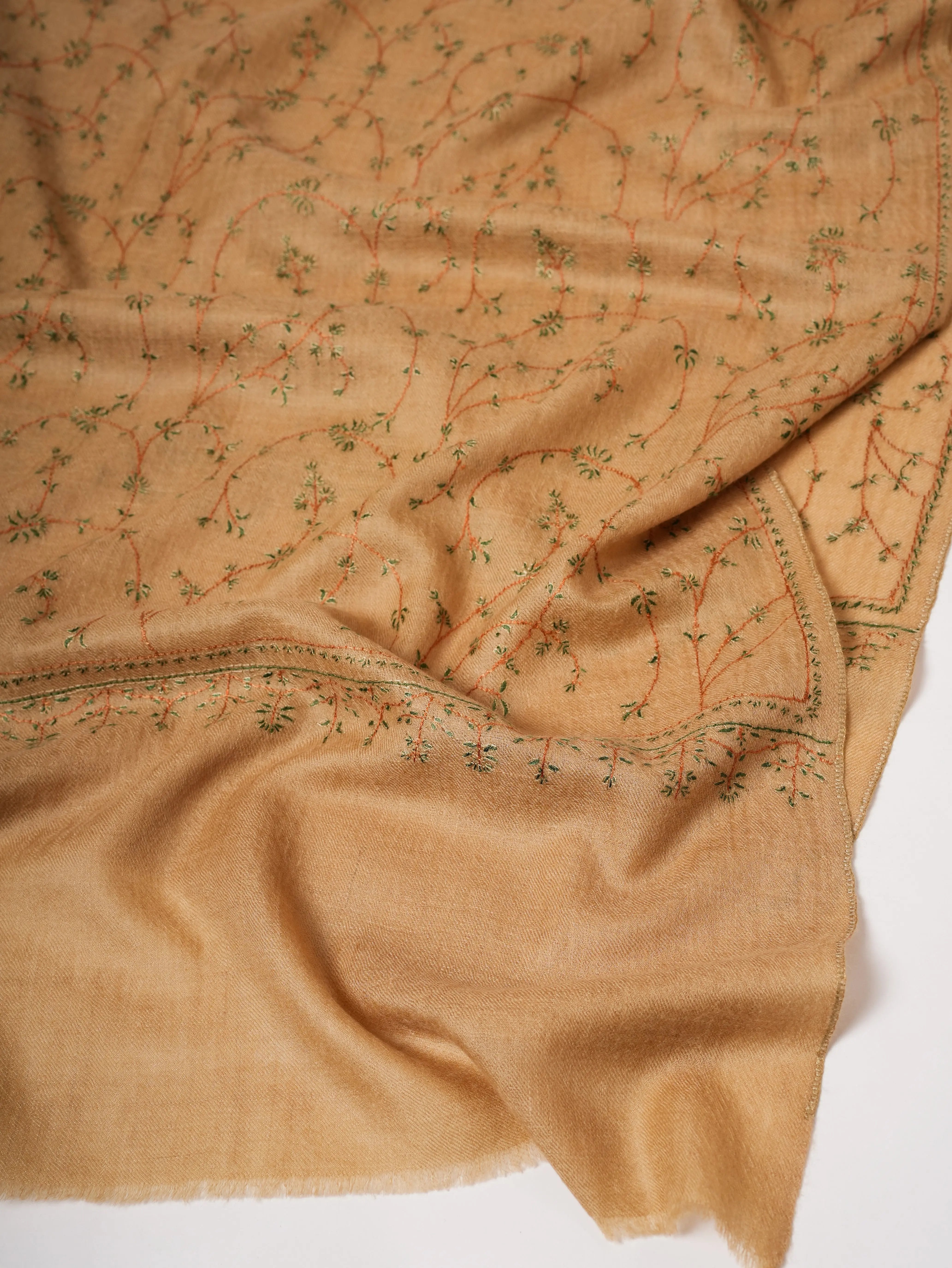 Minimalist Tan Cashmere Scarf with Fine Sozni Embroidery Shahkaar