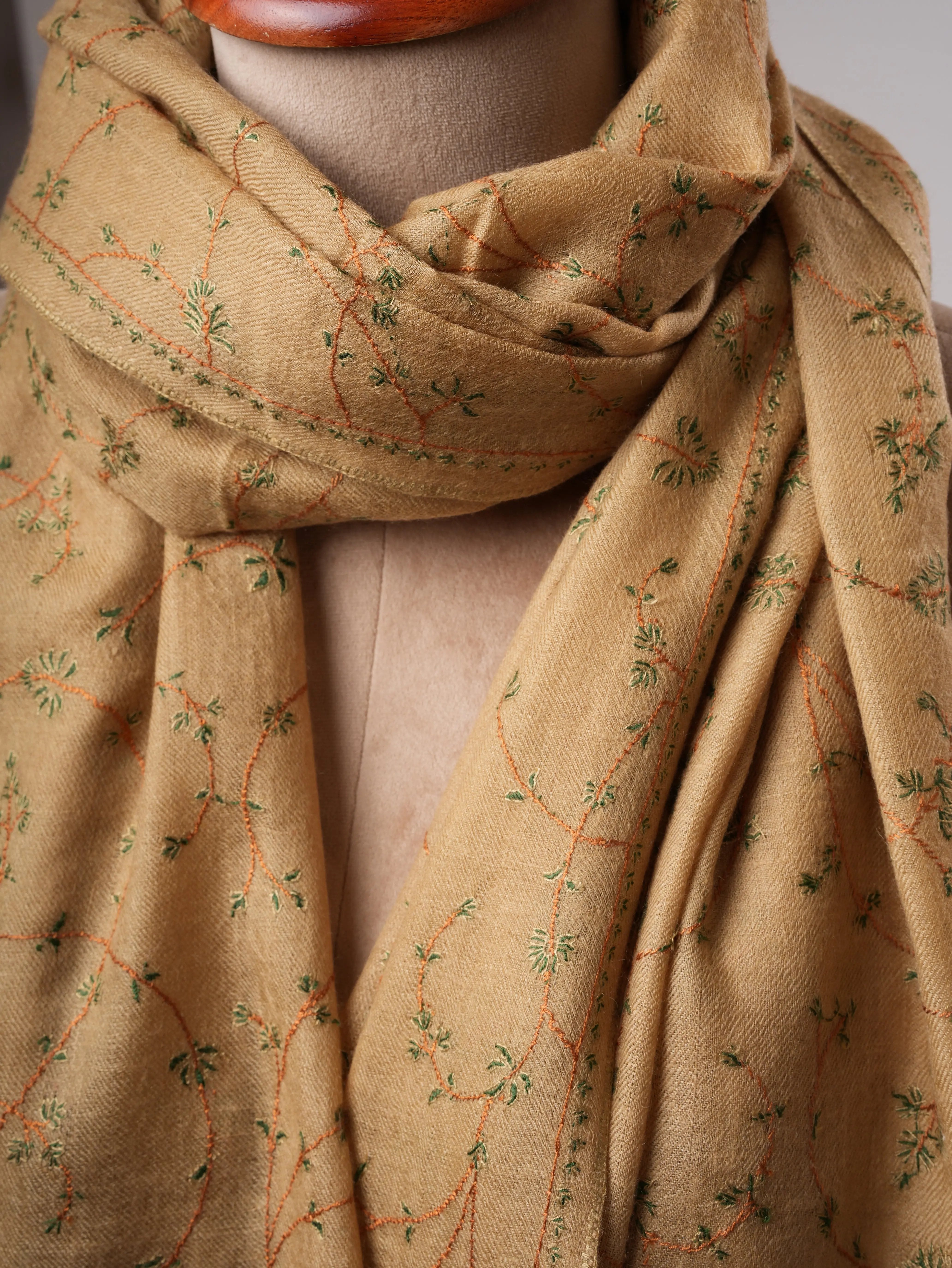 Minimalist Tan Cashmere Scarf with Fine Sozni Embroidery Shahkaar