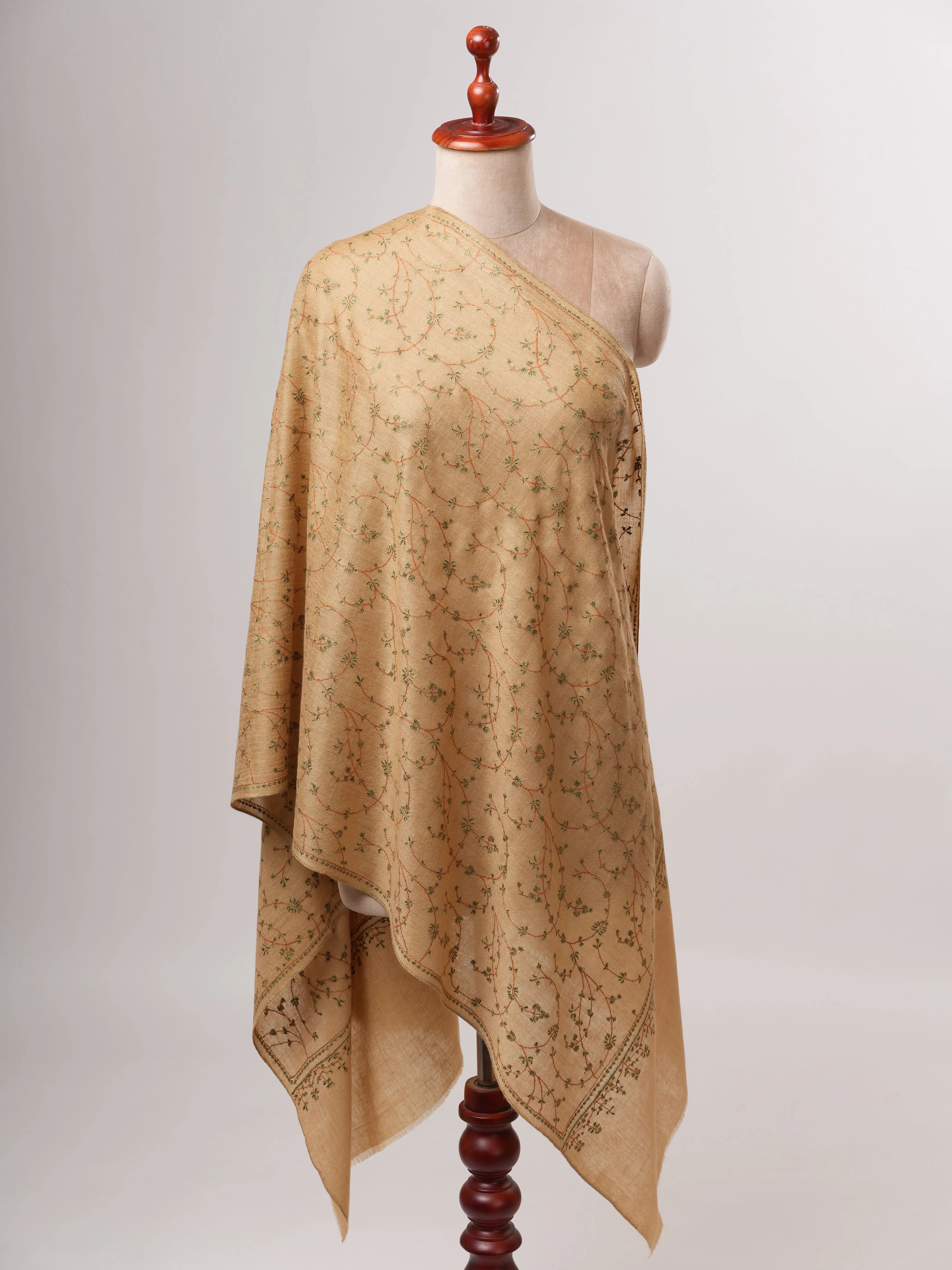 Minimalist Tan Cashmere Scarf with Fine Sozni Embroidery Shahkaar