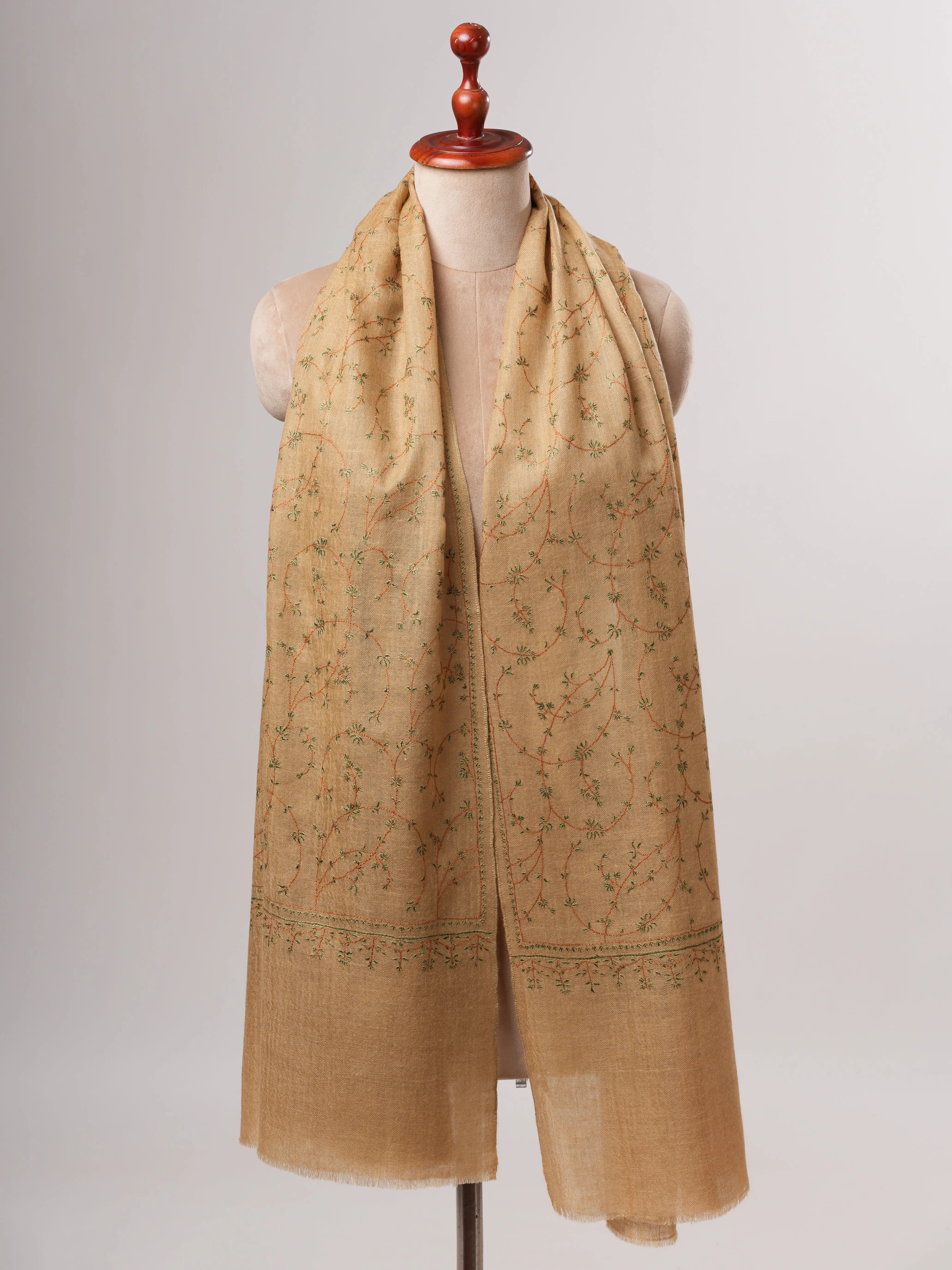 Minimalist Tan Cashmere Scarf with Fine Sozni Embroidery Shahkaar