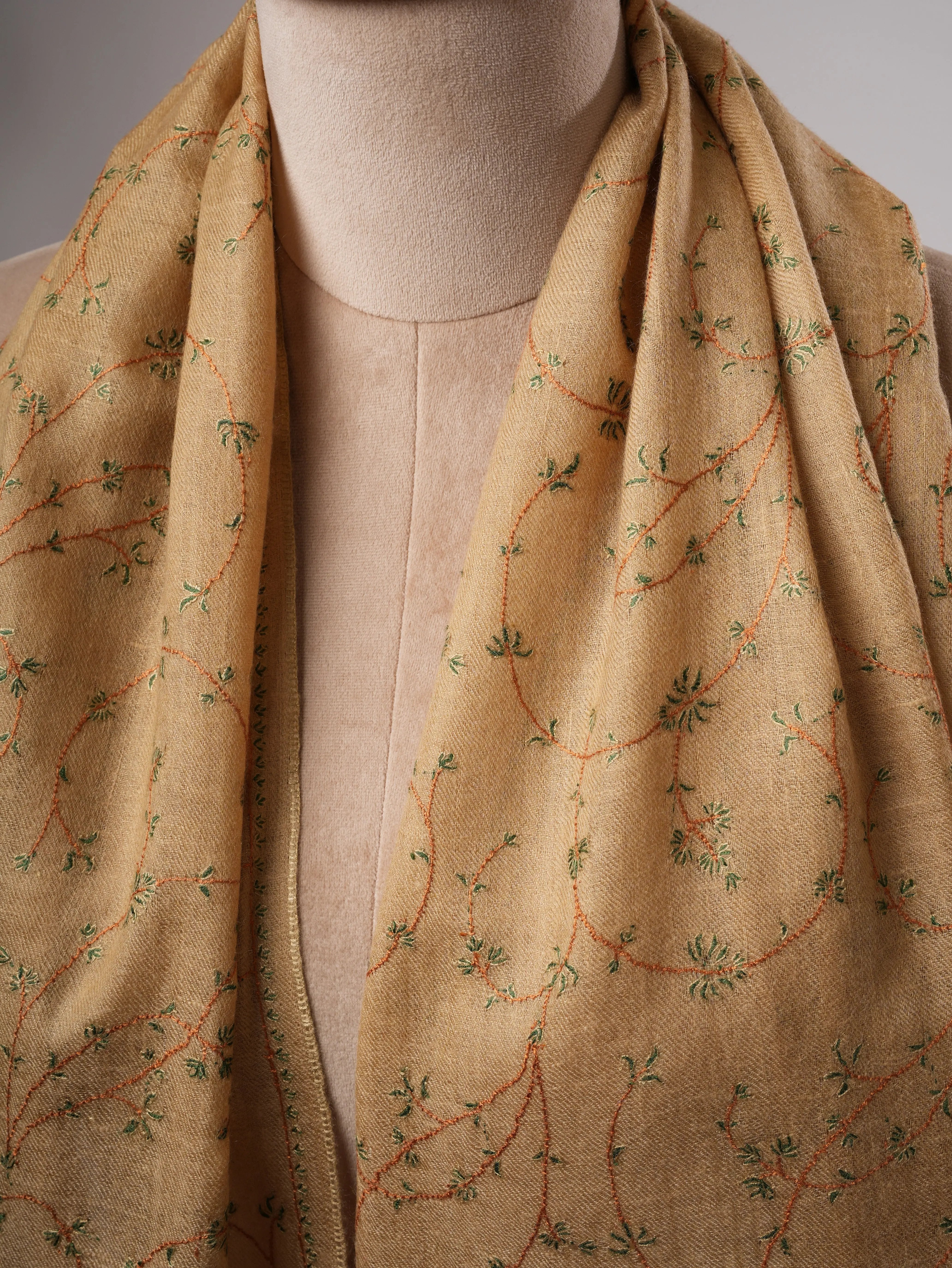 Minimalist Tan Cashmere Scarf with Fine Sozni Embroidery Shahkaar