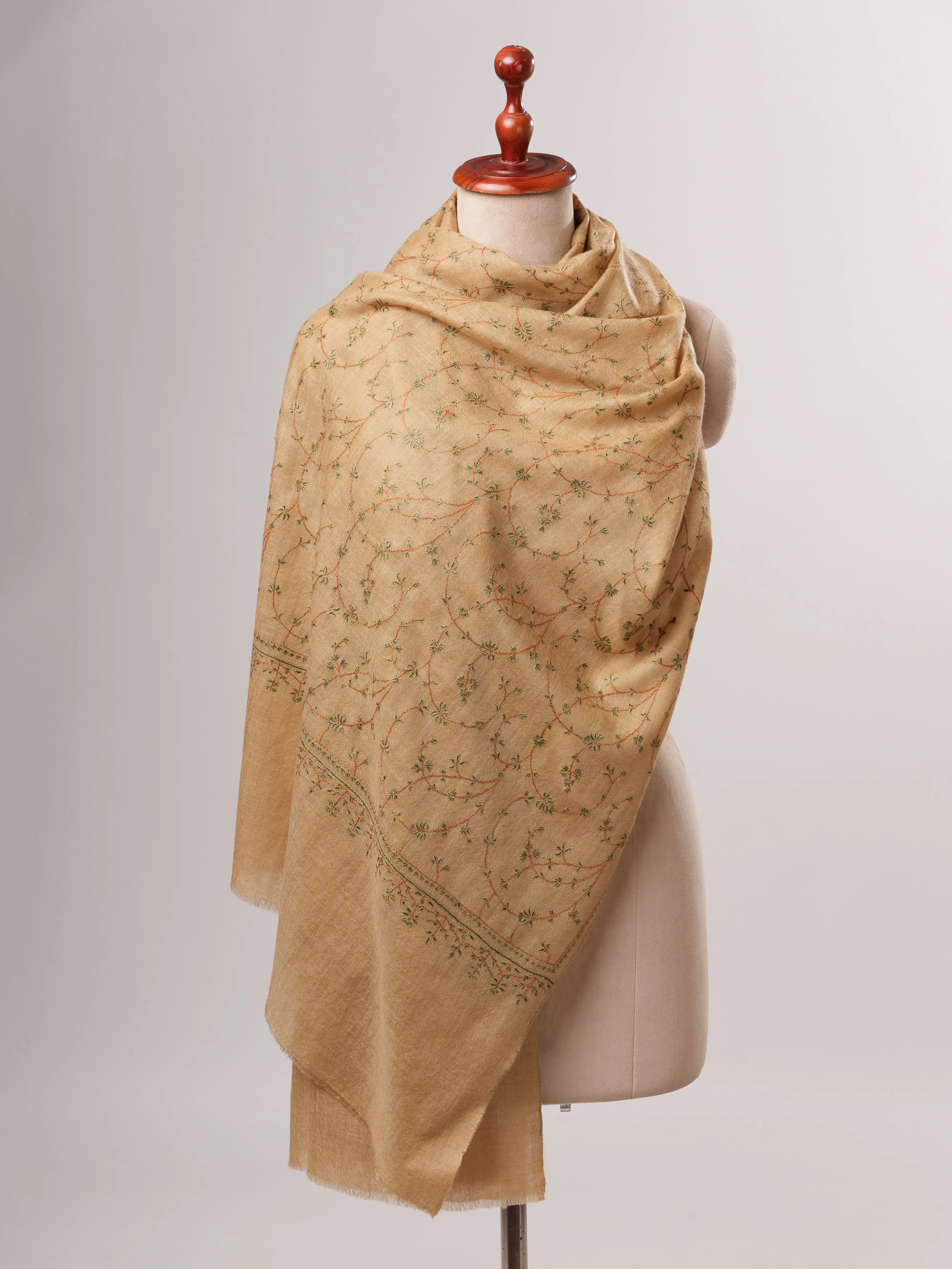 Minimalist Tan Cashmere Scarf with Fine Sozni Embroidery Shahkaar