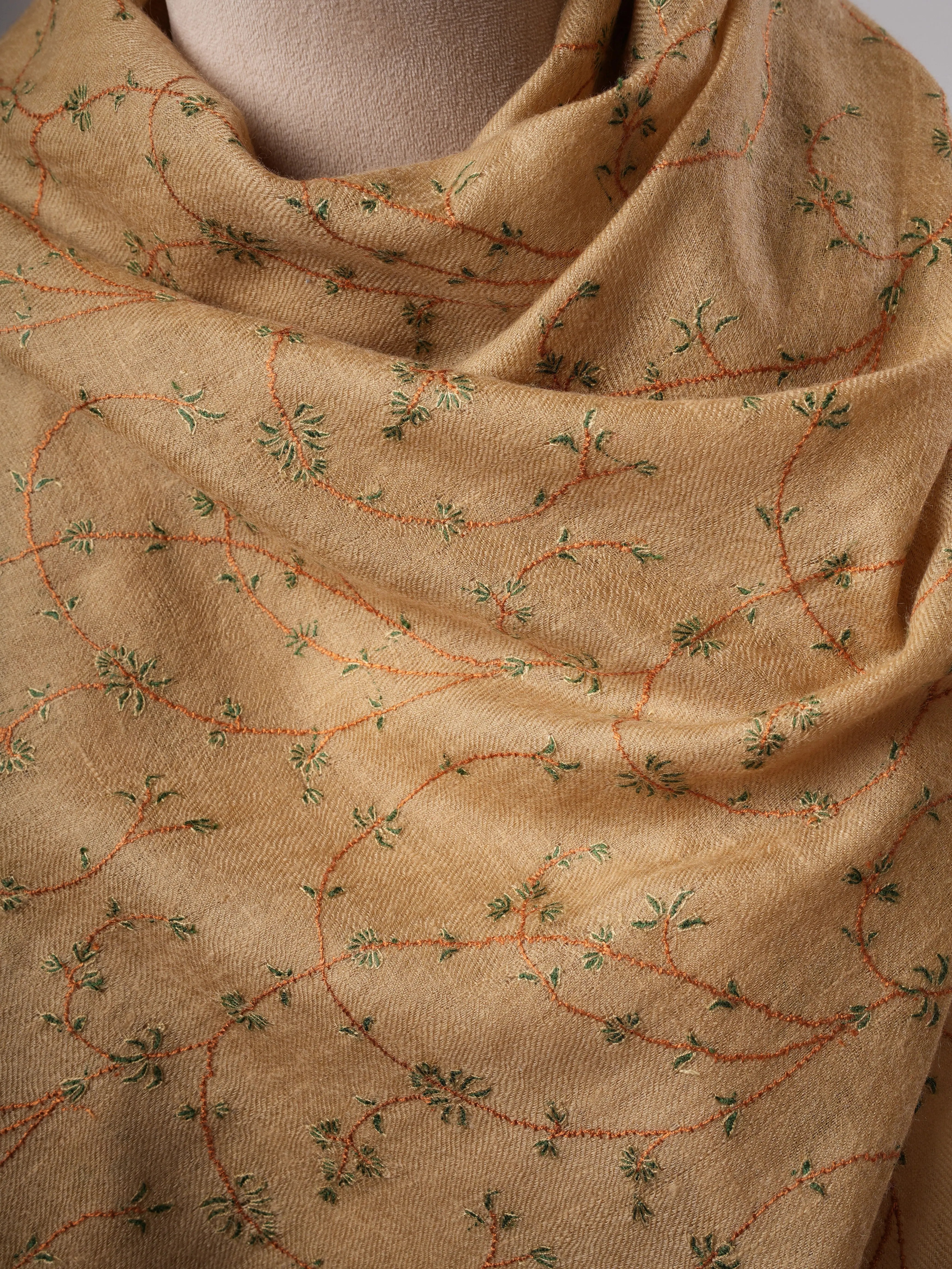 Minimalist Tan Cashmere Scarf with Fine Sozni Embroidery Shahkaar
