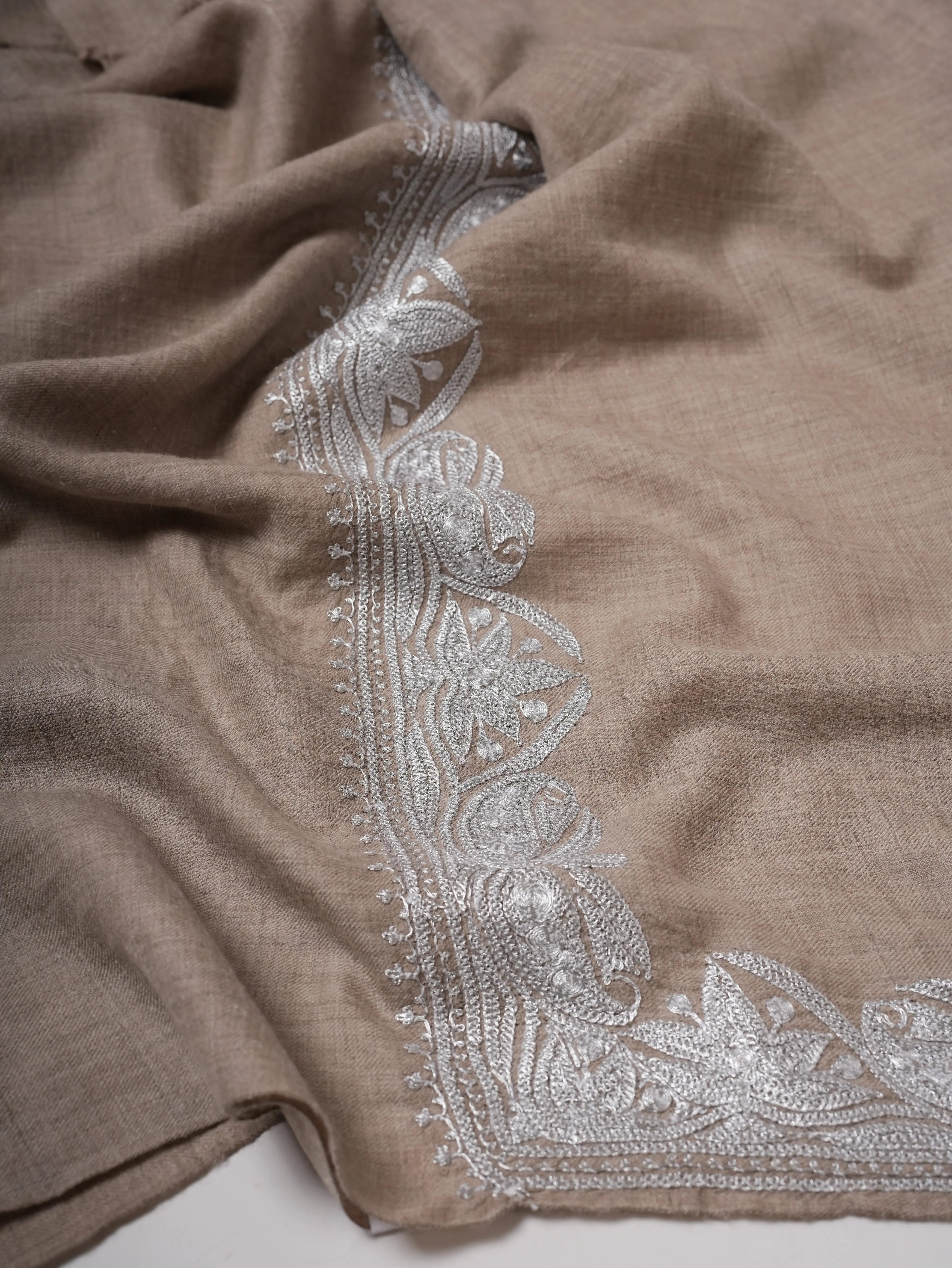 Handwoven Grey Pashmina Shawl Featuring Silver Tilla Embellishments Shahkaar