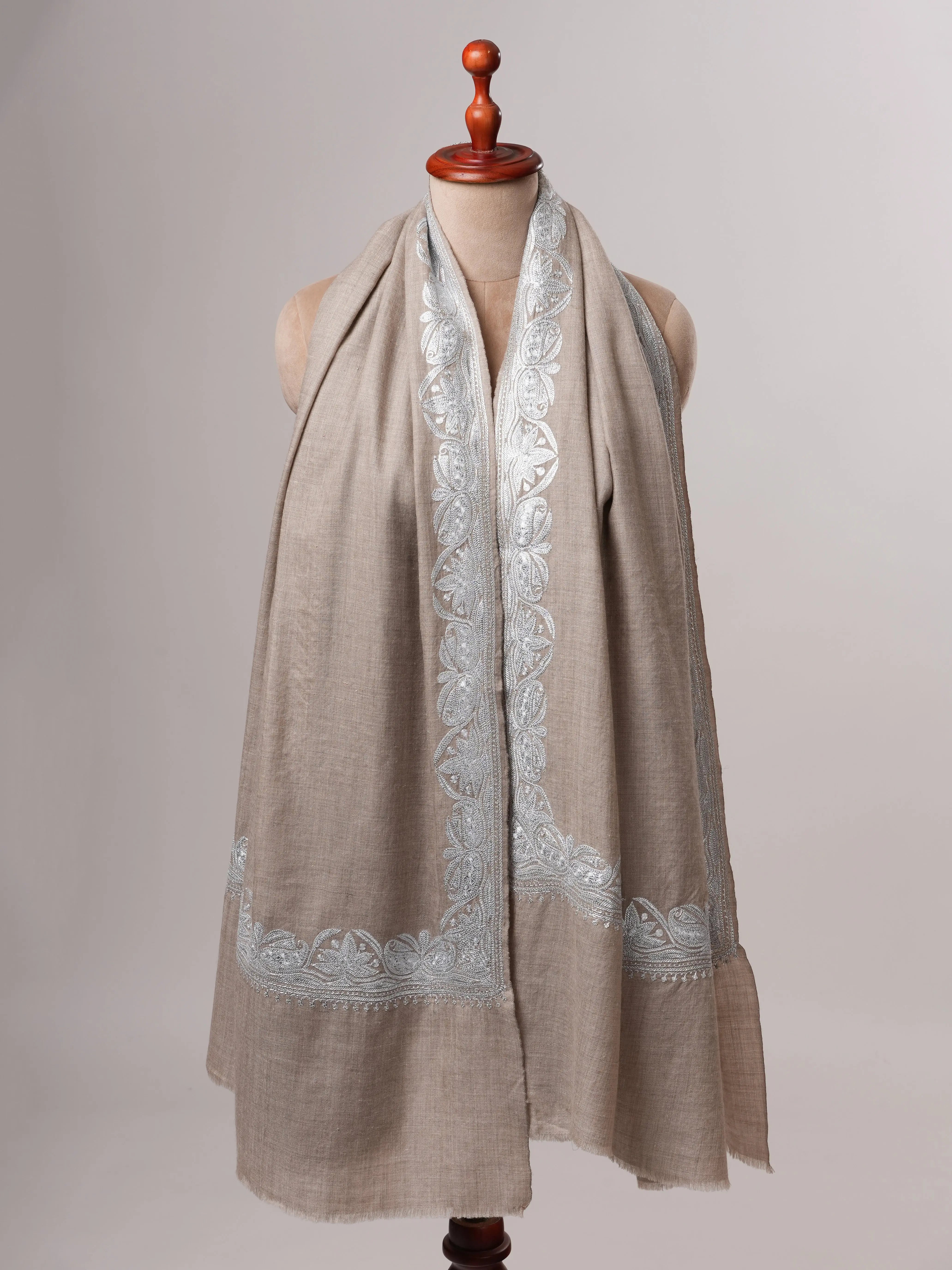 Handwoven Grey Pashmina Shawl Featuring Silver Tilla Embellishments Shahkaar