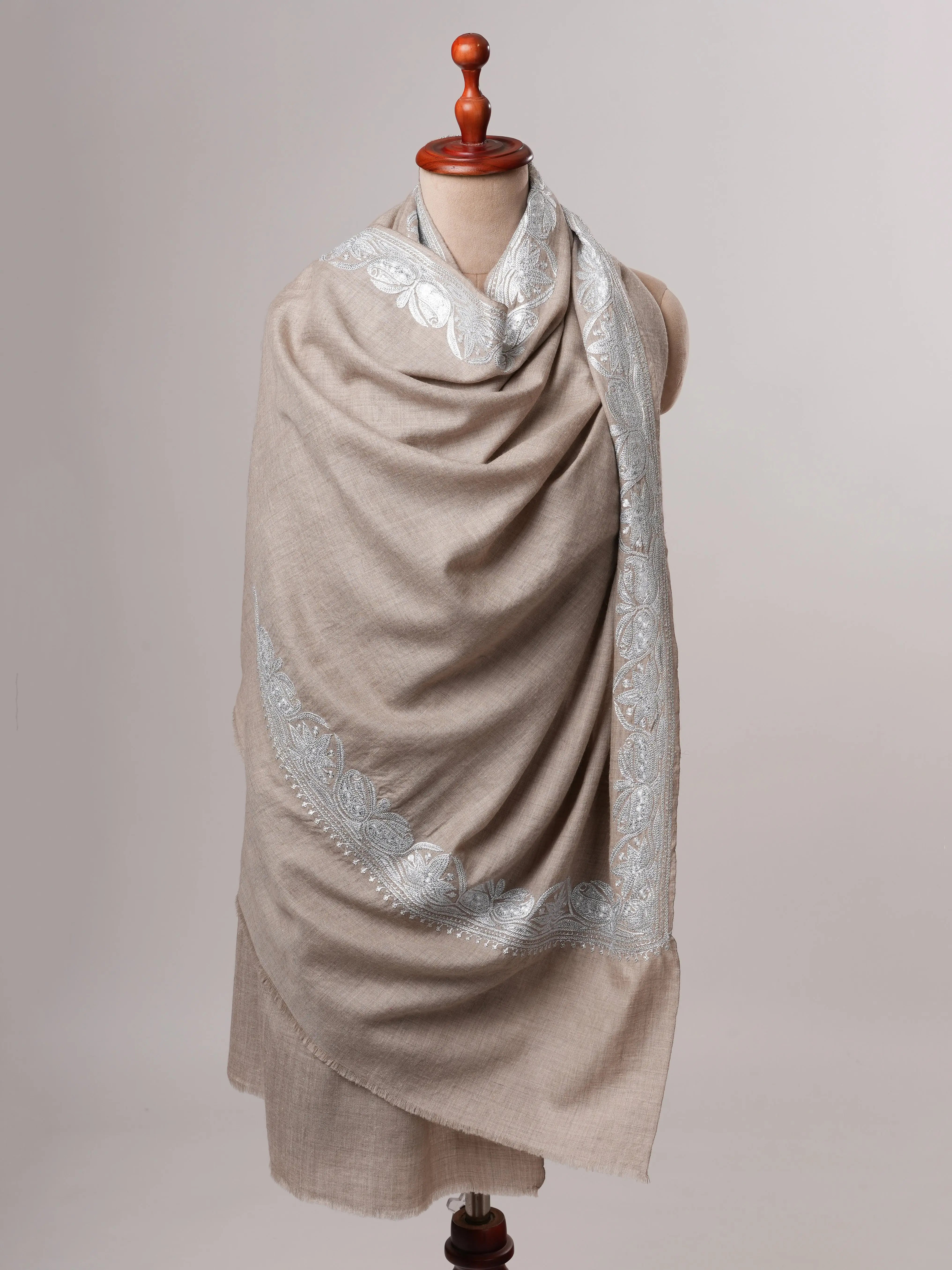 Handwoven Grey Pashmina Shawl Featuring Silver Tilla Embellishments Shahkaar