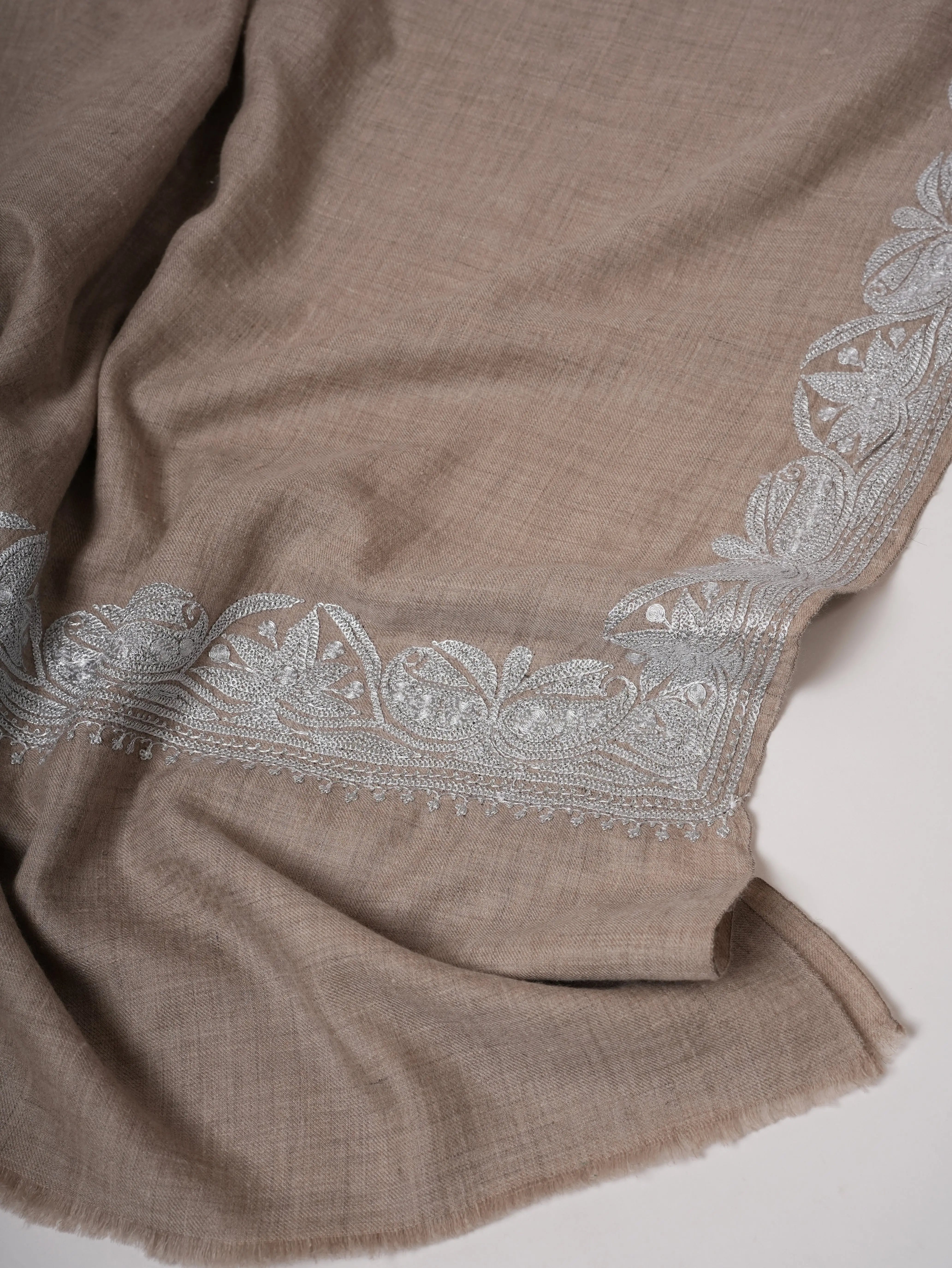 Handwoven Grey Pashmina Shawl Featuring Silver Tilla Embellishments Shahkaar