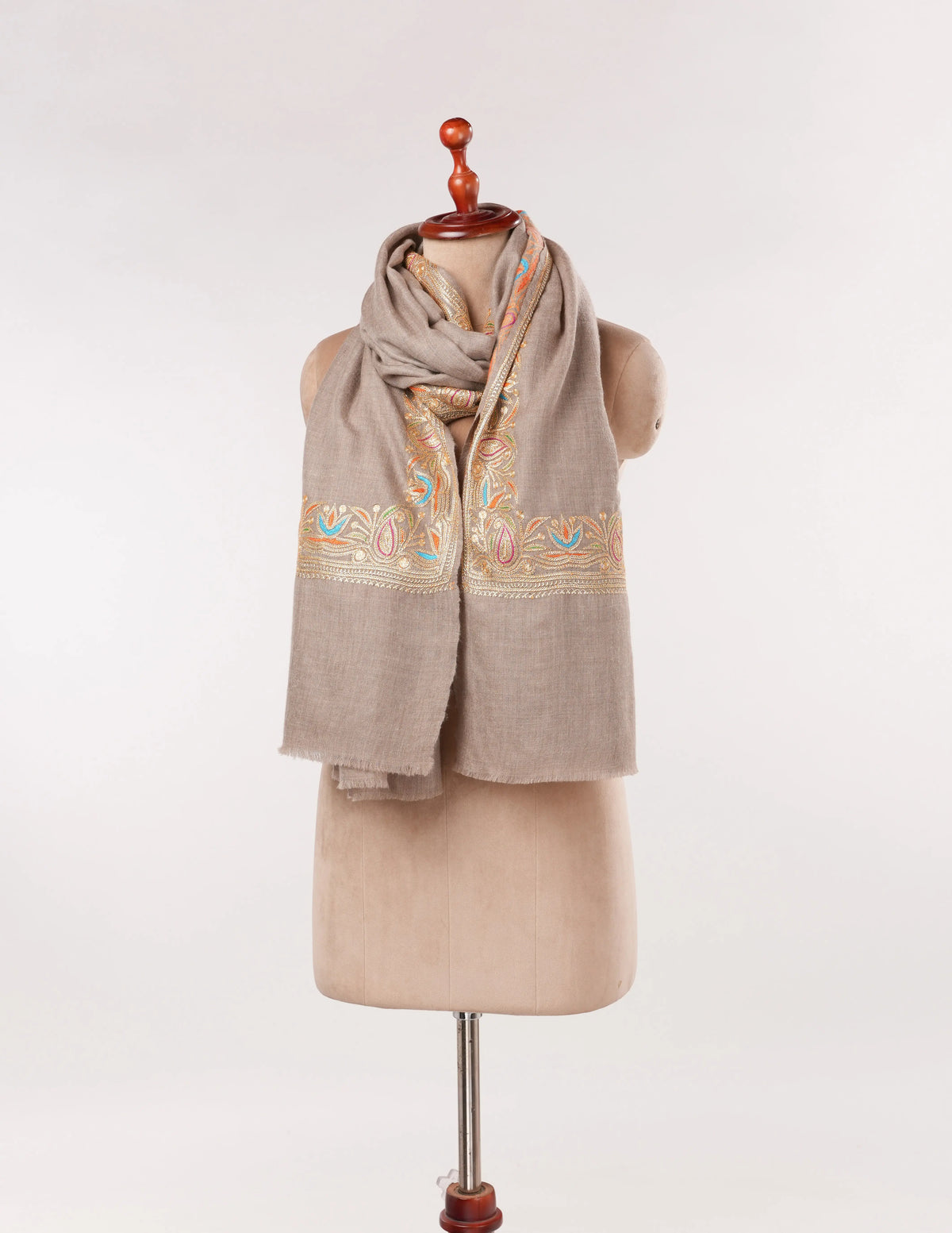 Tilla Embroidered Daurdar Natural Taupe Handwoven Pashmina Shawl from Kashmir Shahkaar.com