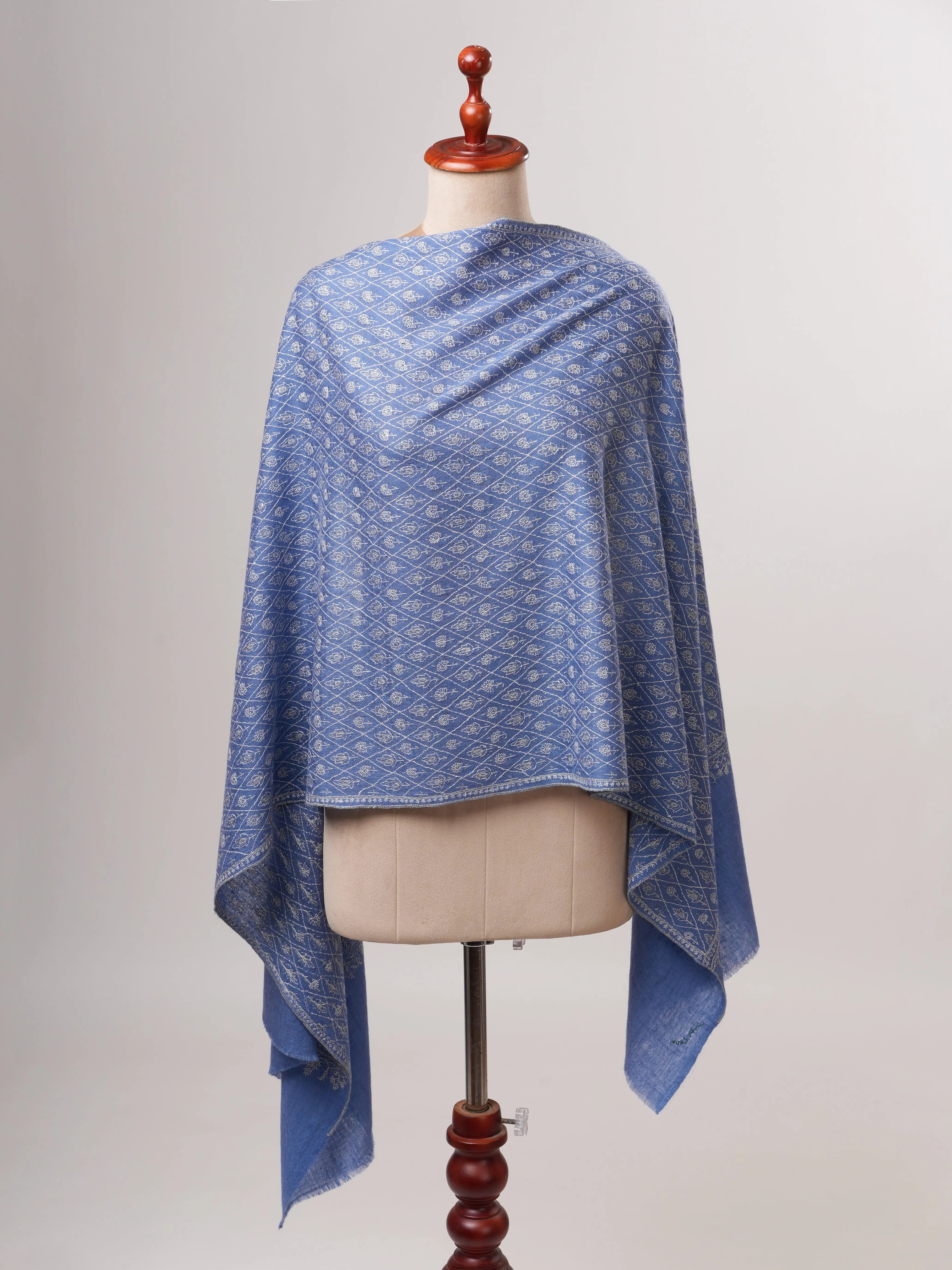 Blue Pure Cashmere Scarf with Detailed Hand Embroidery Shahkaar