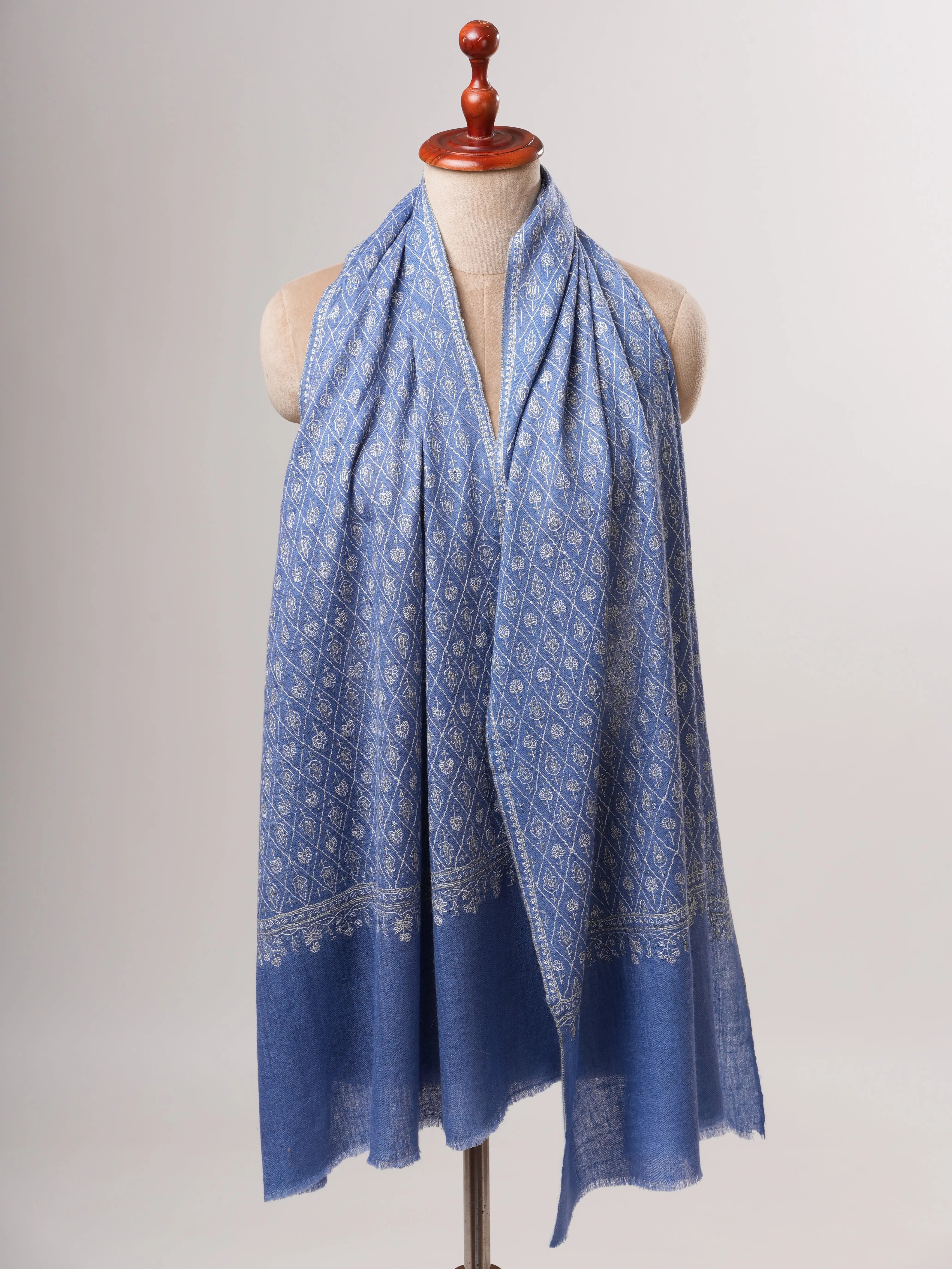 Blue Pure Cashmere Scarf with Detailed Hand Embroidery Shahkaar