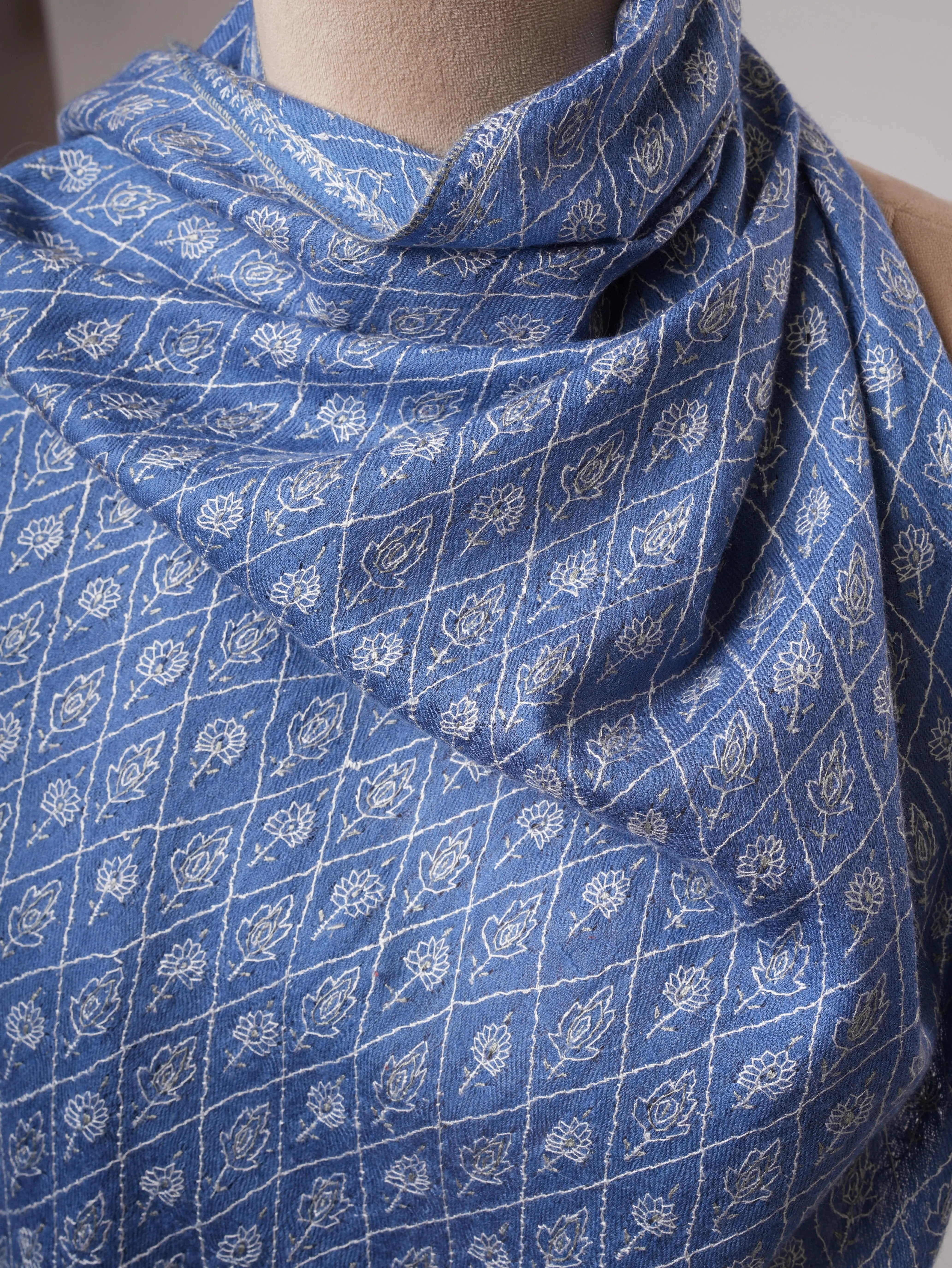 Blue Pure Cashmere Scarf with Detailed Hand Embroidery Shahkaar