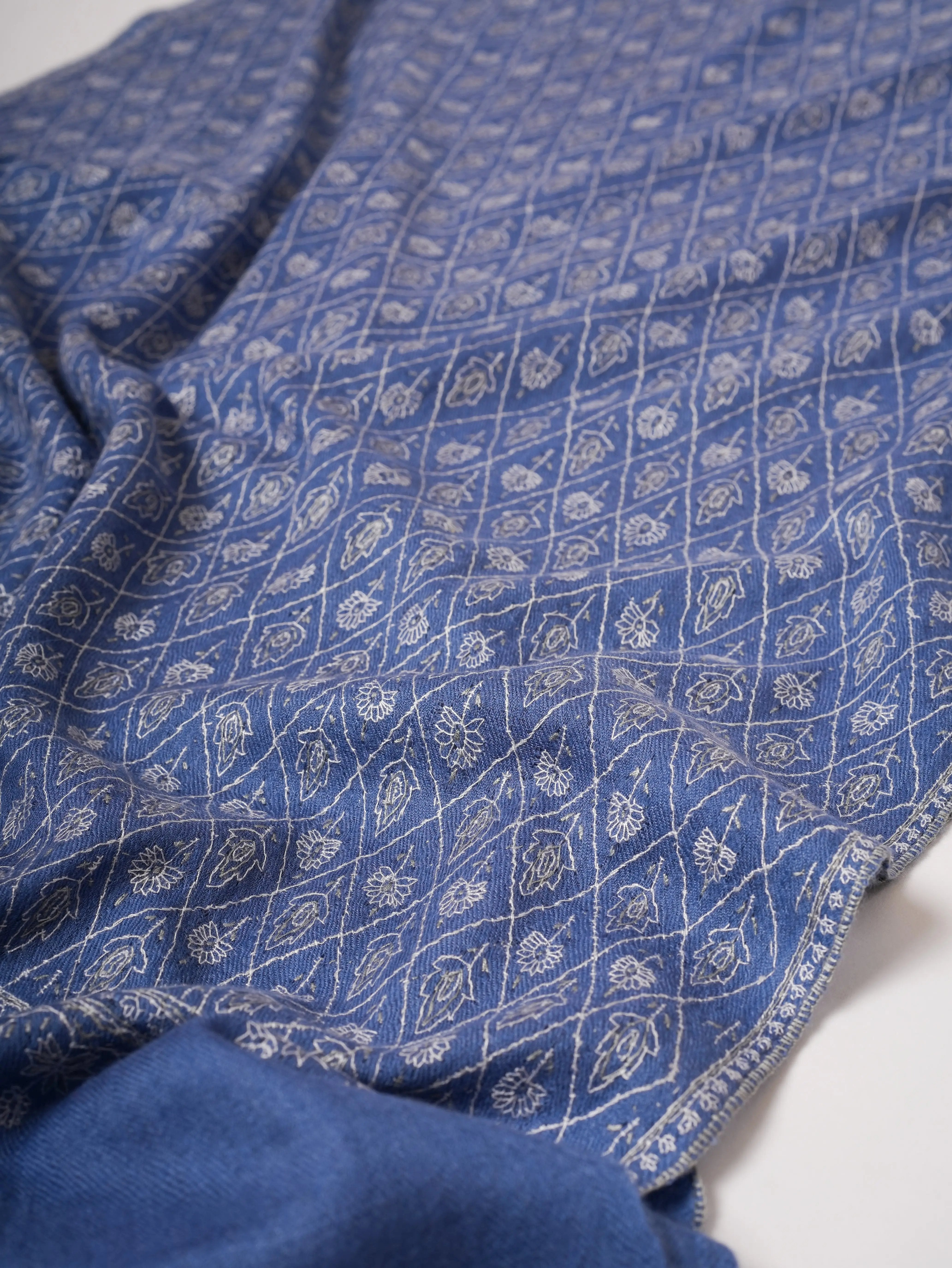 Blue Pure Cashmere Scarf with Detailed Hand Embroidery Shahkaar