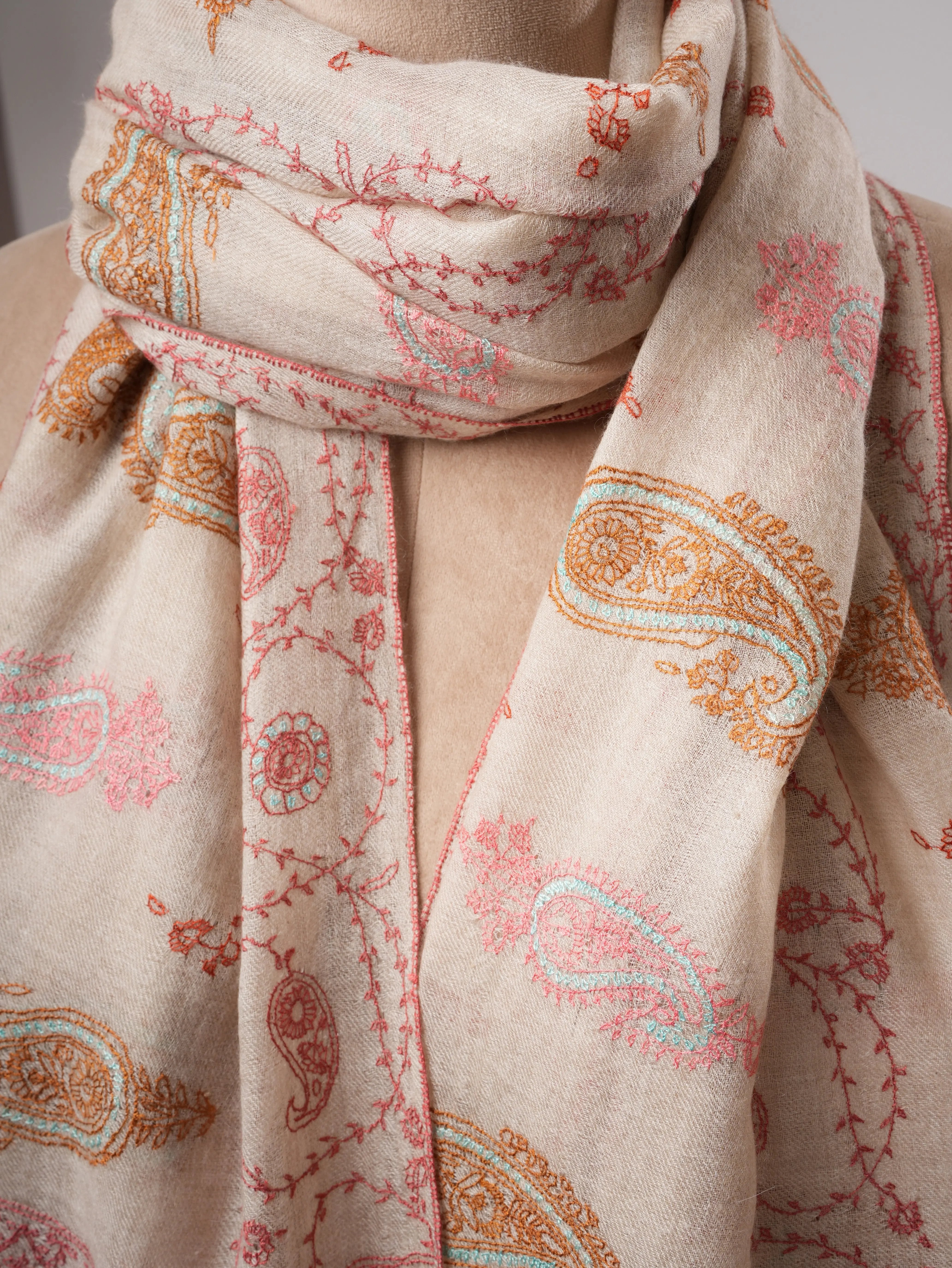 Ivory Kashmiri Cashmere Scarf with All Over Pastel Embroidery Shahkaar