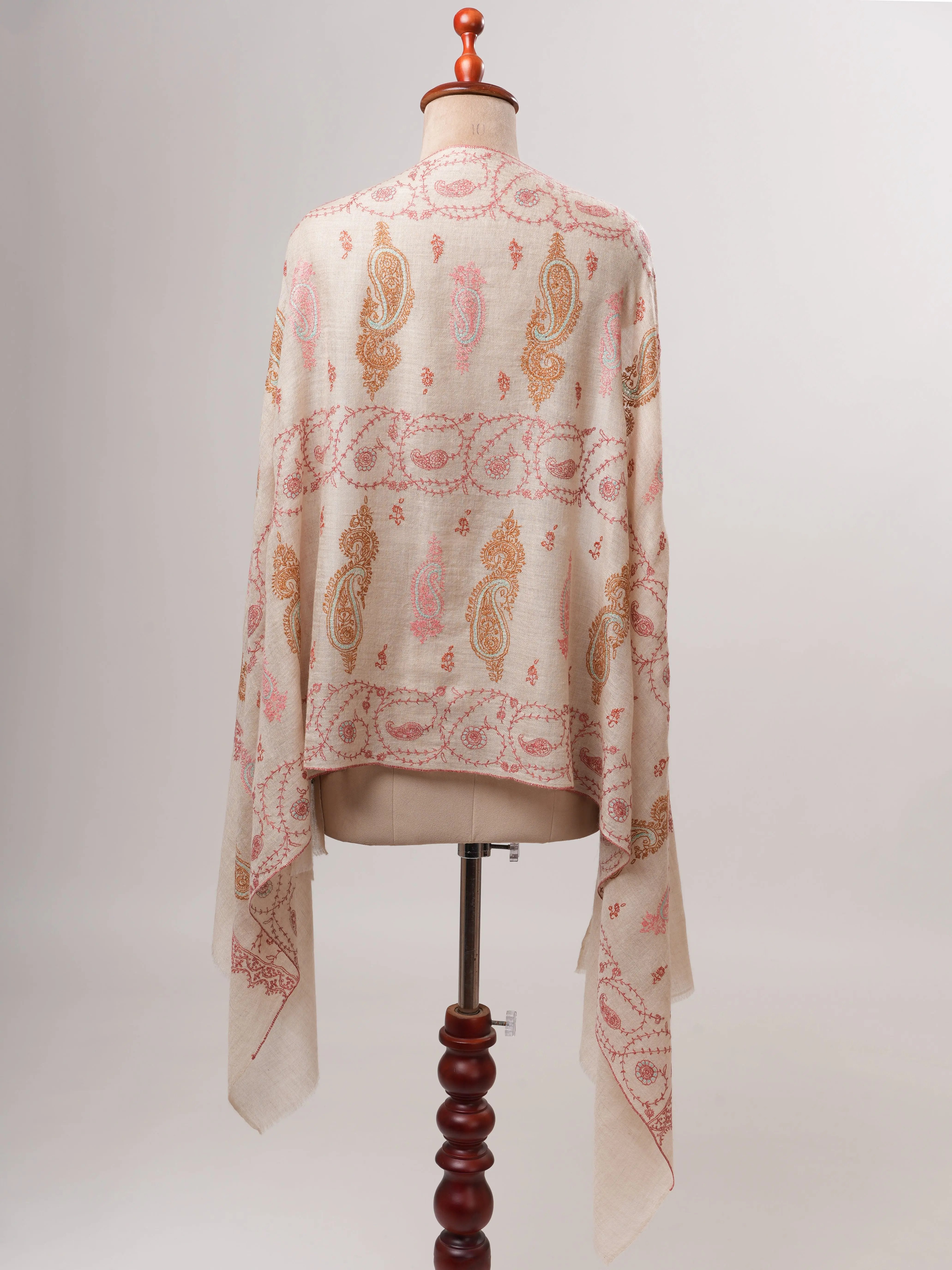 Ivory Kashmiri Cashmere Scarf with All Over Pastel Embroidery Shahkaar