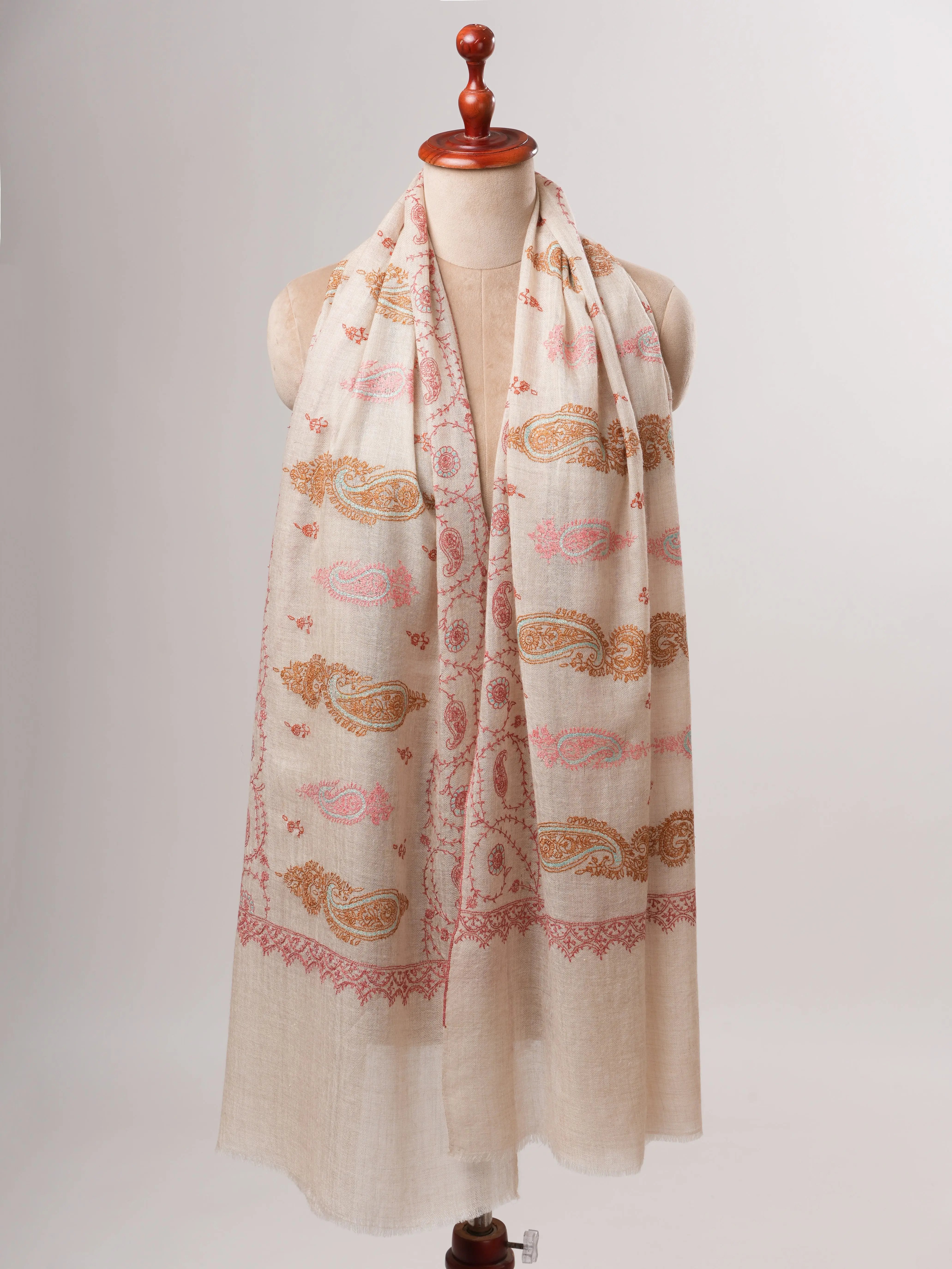 Ivory Kashmiri Cashmere Scarf with All Over Pastel Embroidery Shahkaar