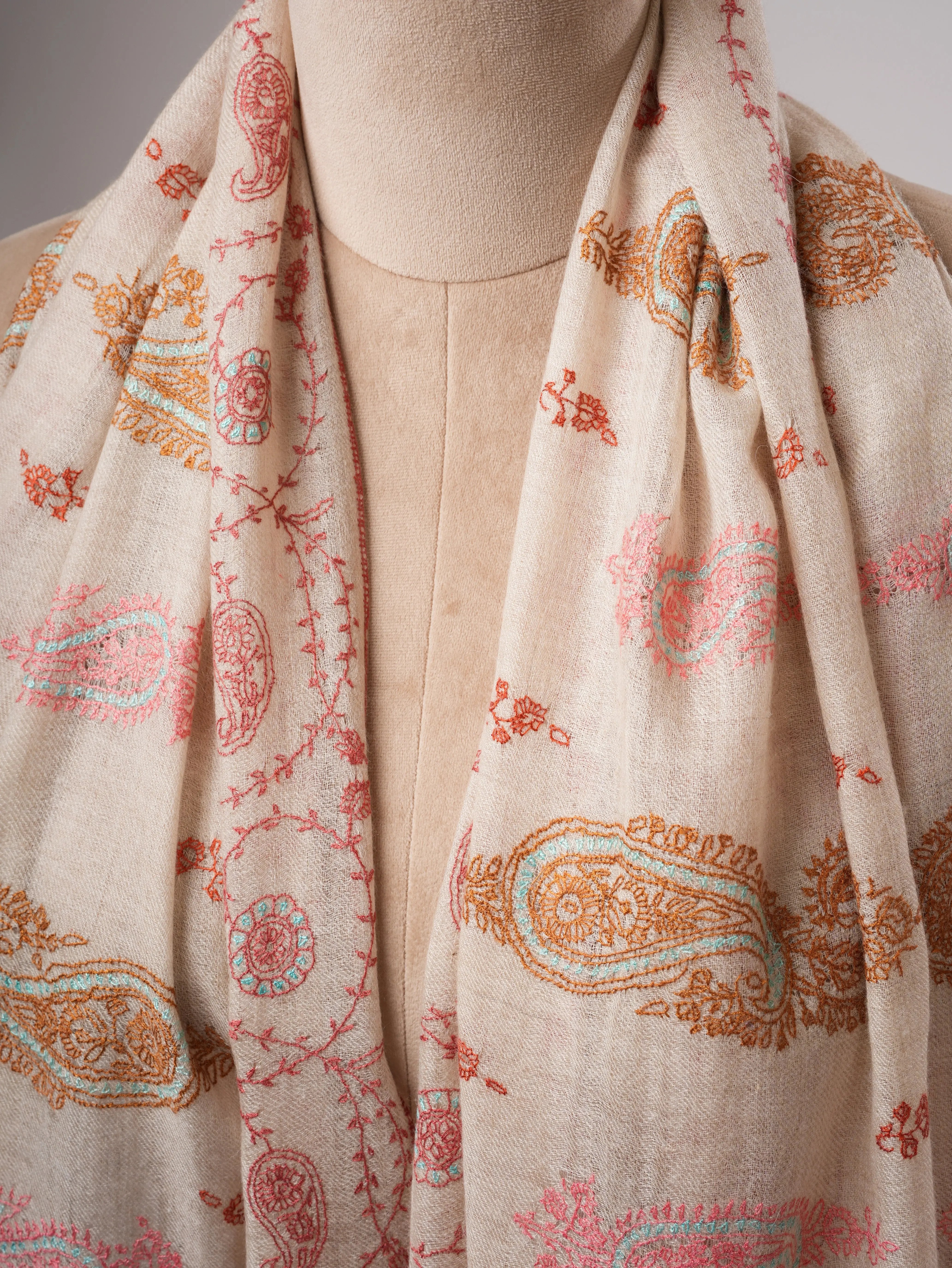 Ivory Kashmiri Cashmere Scarf with All Over Pastel Embroidery Shahkaar