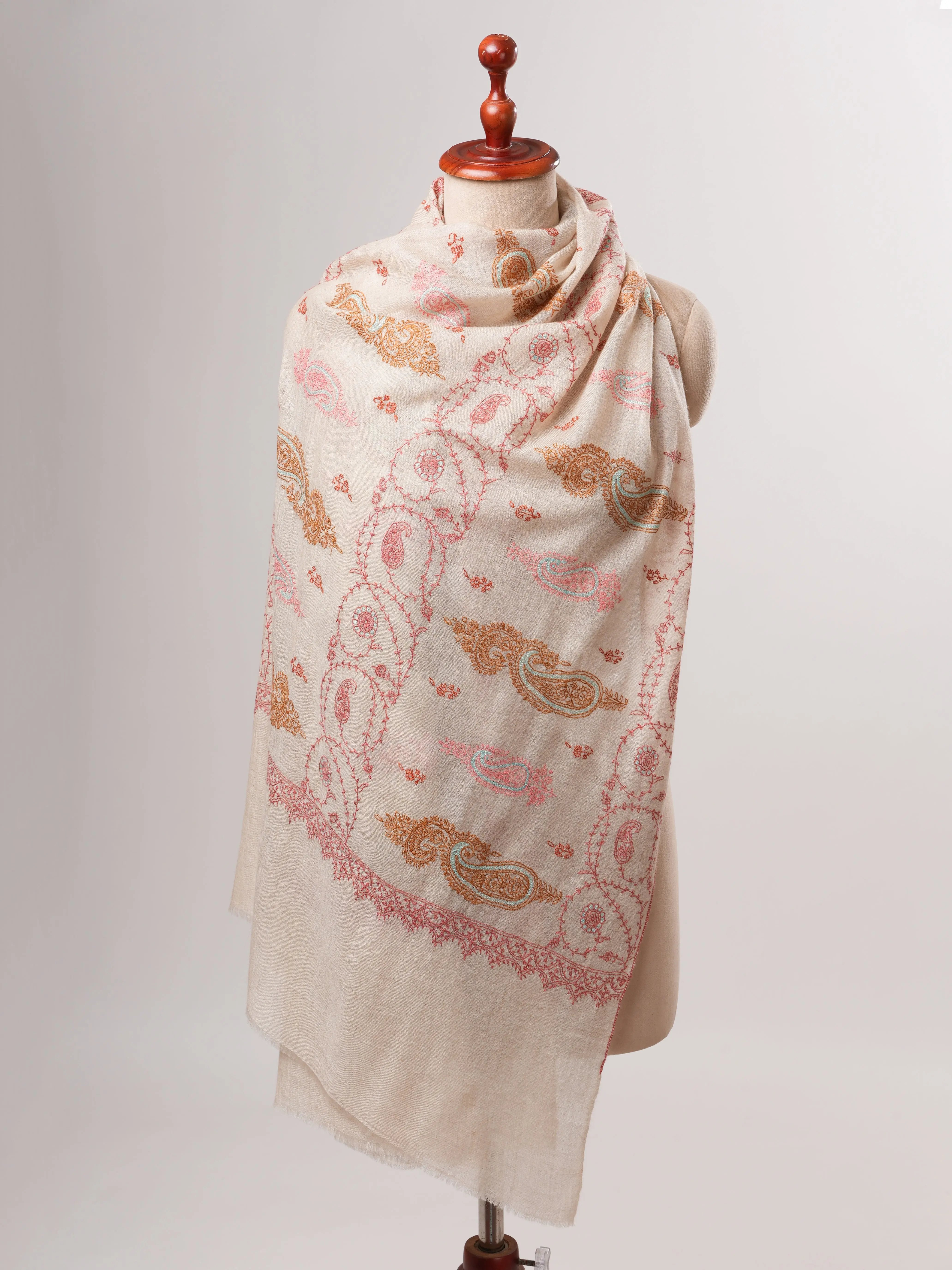Ivory Kashmiri Cashmere Scarf with All Over Pastel Embroidery Shahkaar