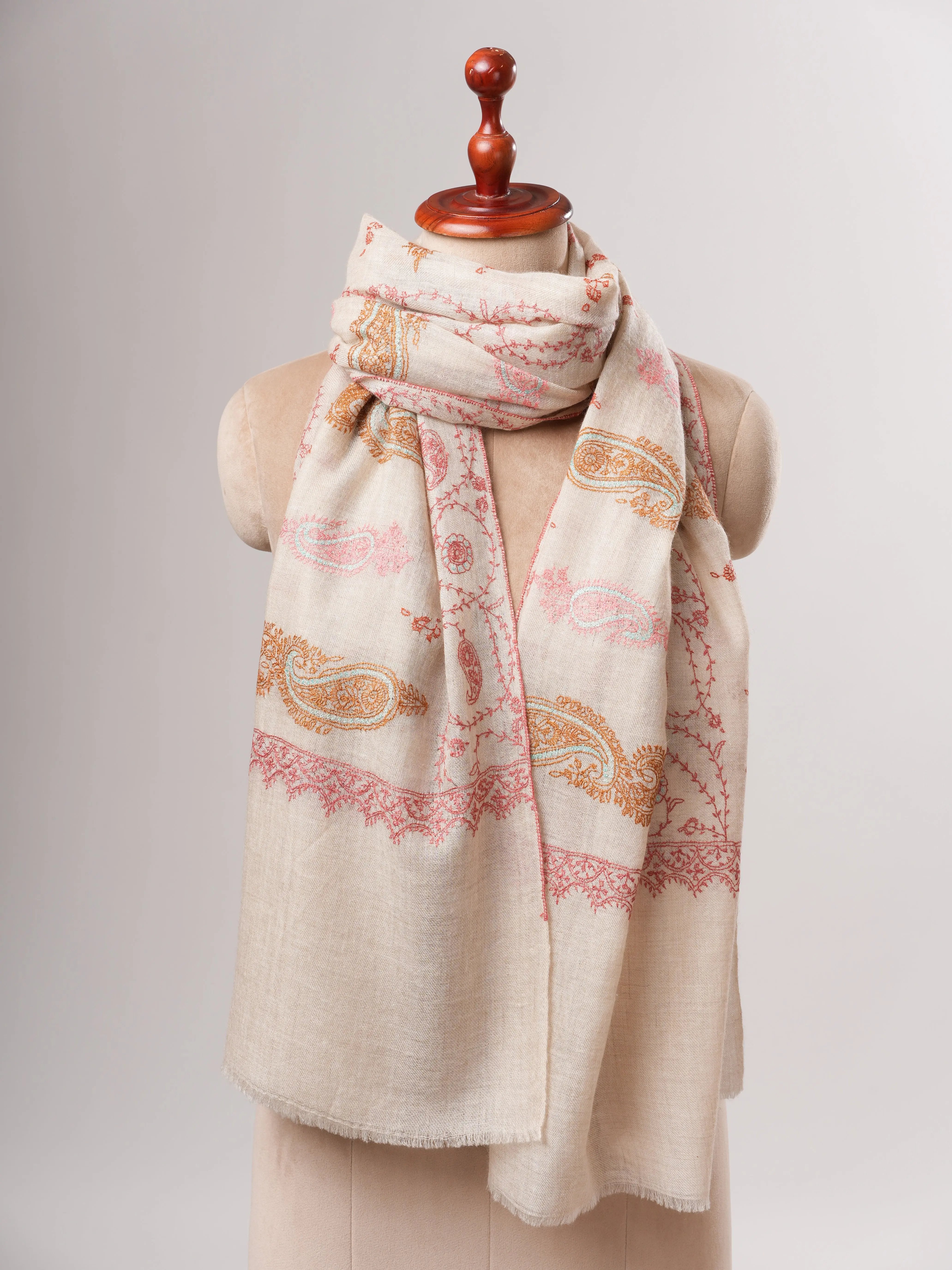 Ivory Kashmiri Cashmere Scarf with All Over Pastel Embroidery Shahkaar